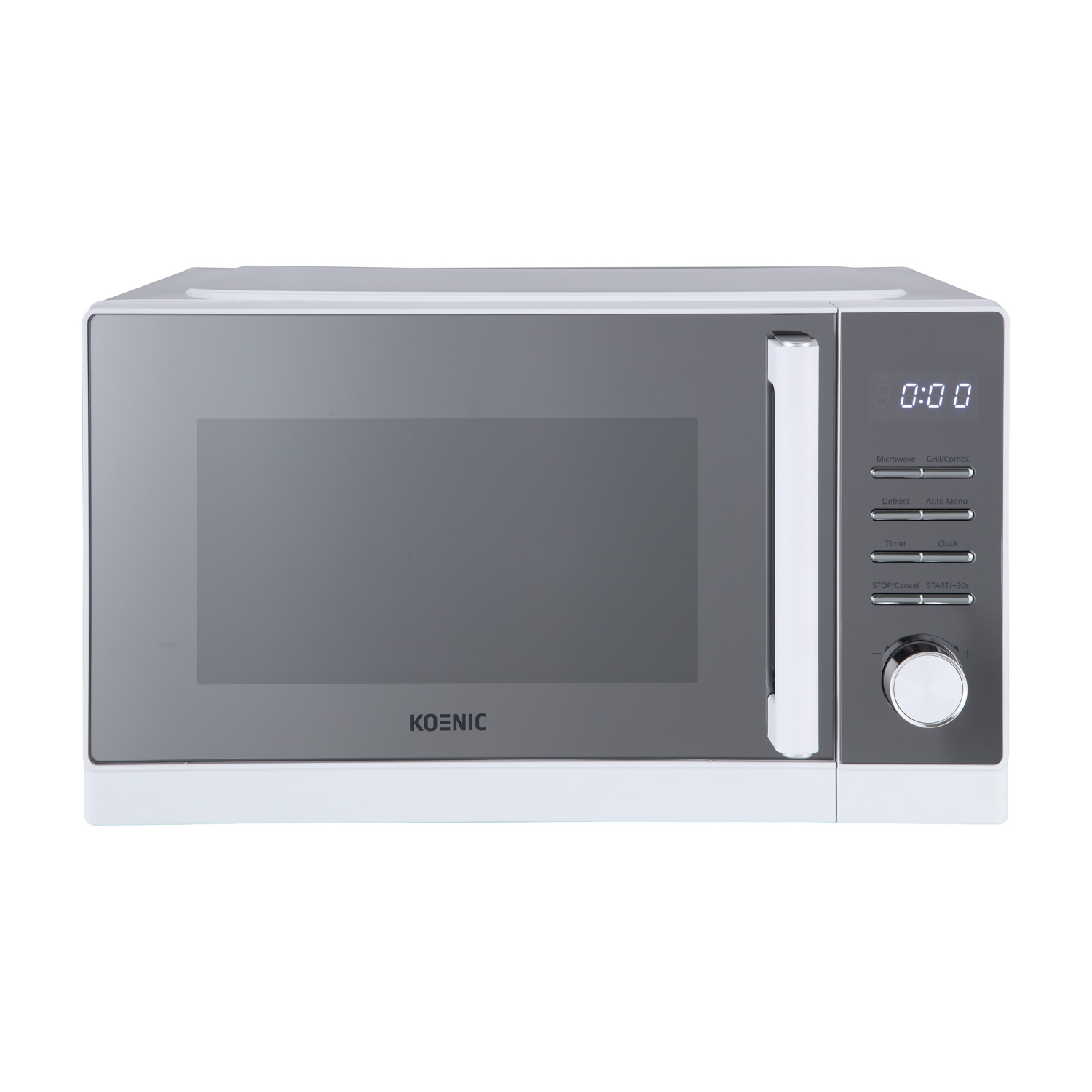 Un forno a microonde bianco e grigio con display digitale che mostra 0:00 e pulsanti di controllo. Il marchio è Koenic.