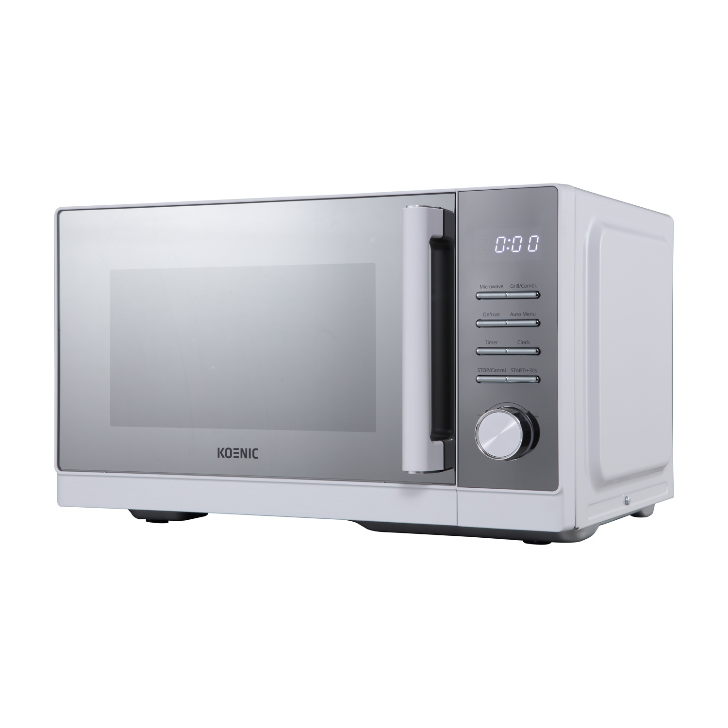 Un forno a microonde Koenic bianco e argento, con display digitale che mostra 0:00. Ha pulsanti e una manopola per le impostazioni.