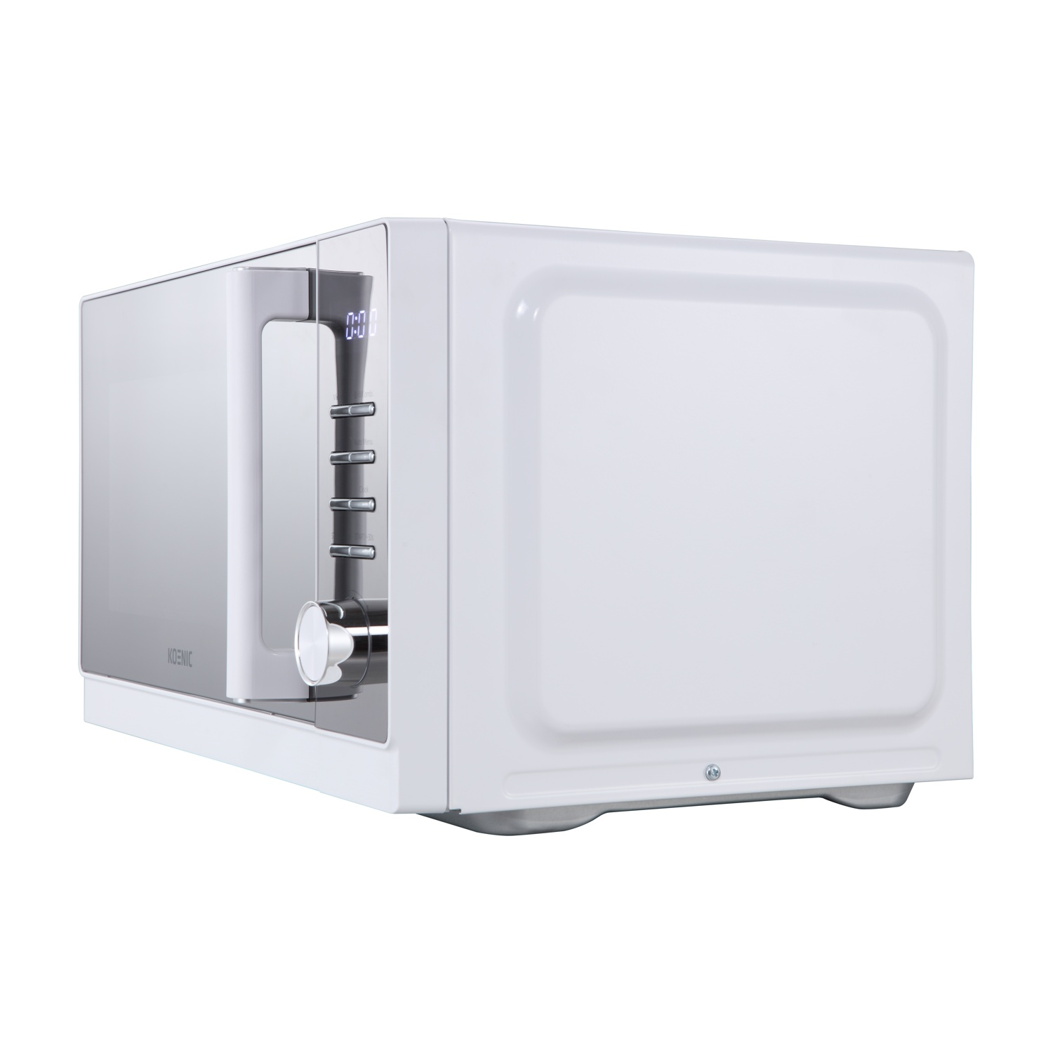 Un forno a microonde bianco con display digitale 0:00. La porta è parzialmente aperta, rivelando l'interno in vetro.