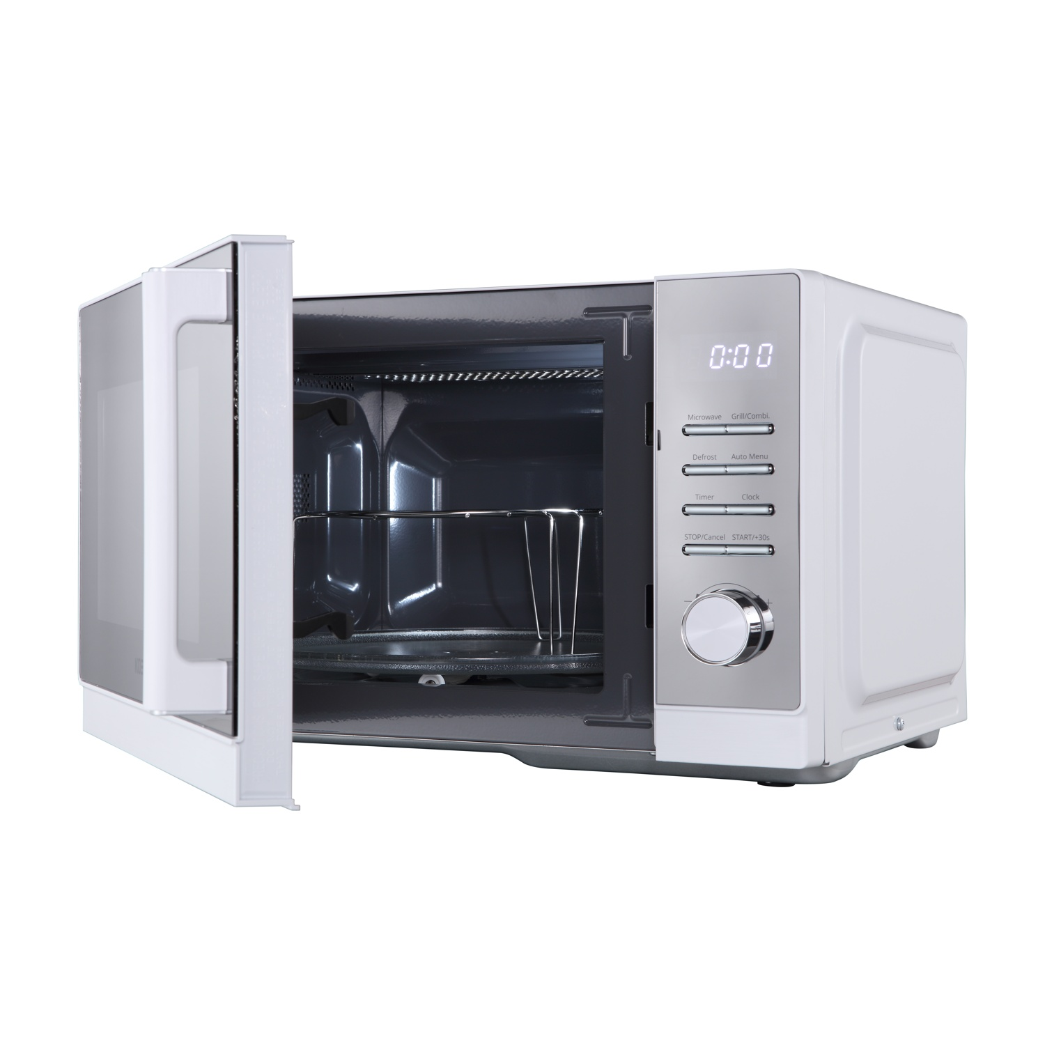 Forno a microonde bianco con la porta aperta. All'interno, è visibile una griglia metallica. Il display mostra 0:00.