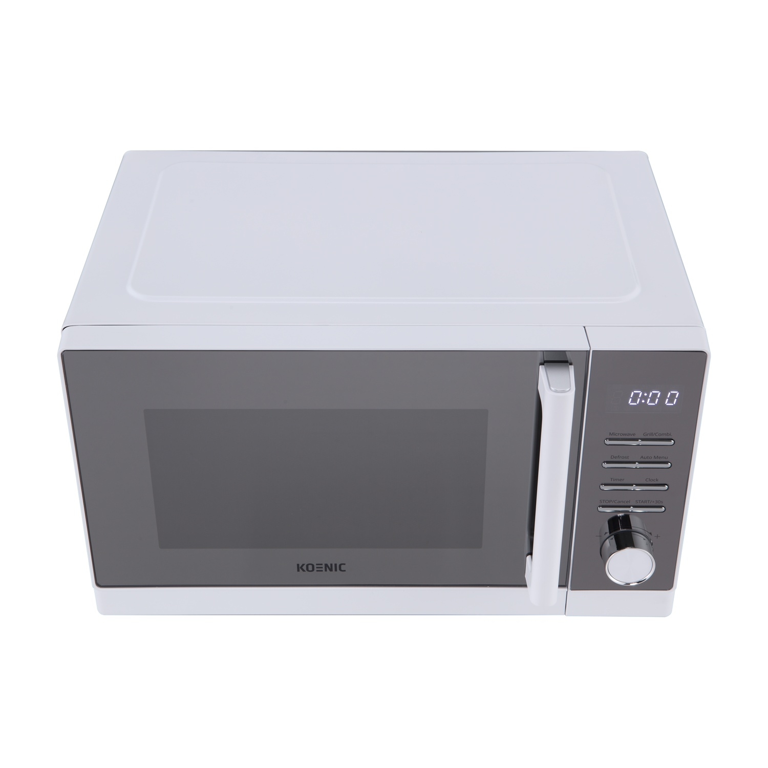 Un forno a microonde Koenic bianco con porta e pannello di controllo grigi. Ha un display digitale che mostra 0:00 e vari pulsanti funzione.