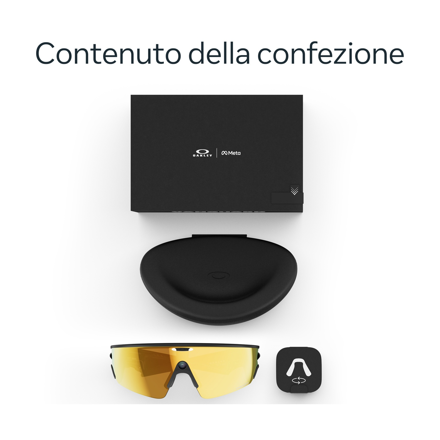Scatola nera Oakley Meta, custodia, occhiali da sole con lenti dorate e un piccolo quadrato nero con simbolo su sfondo bianco.