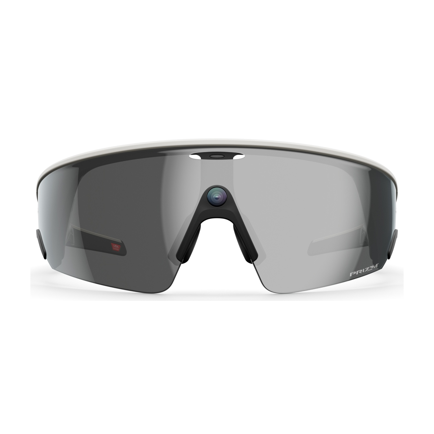 Occhiali da sole sportivi grigi con montatura nera e una piccola fotocamera. Le lenti sono riflettenti e il marchio 'Prizm' è visibile.