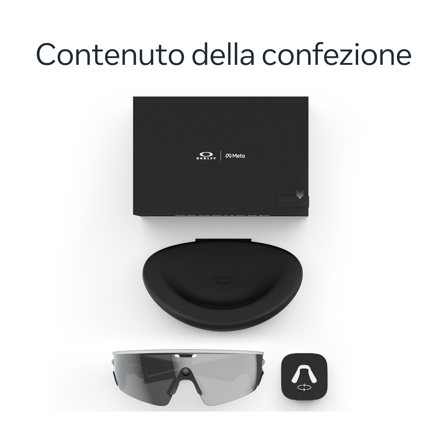 Scatola nera, custodia, occhiali da sole e piccolo quadrato nero con frecce. I loghi Oakley e Meta sono visibili.