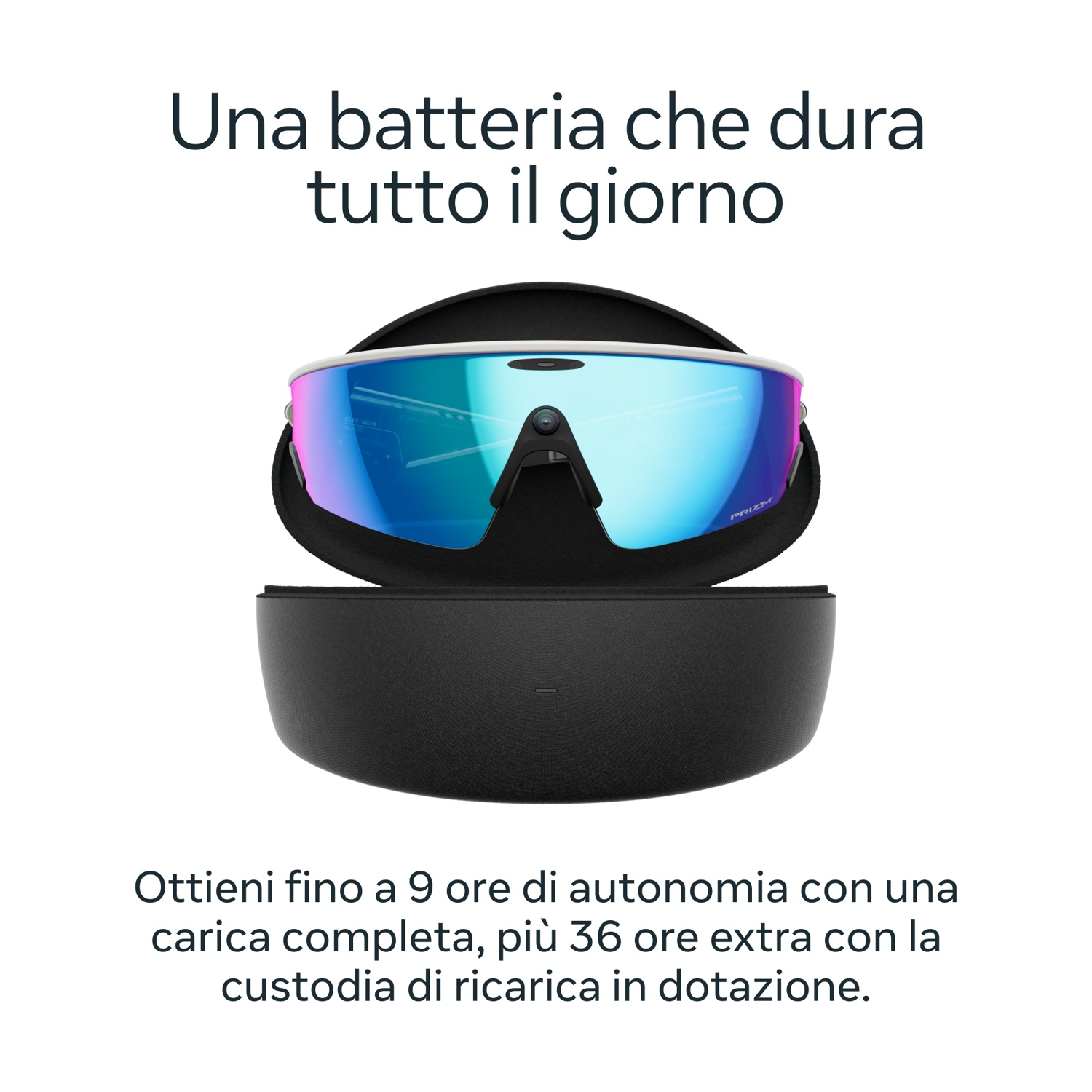 Occhiali da sole con lenti blu in custodia nera. Testo sopra: 'Una batteria che dura tutto il giorno'. Testo aggiuntivo sulla durata.