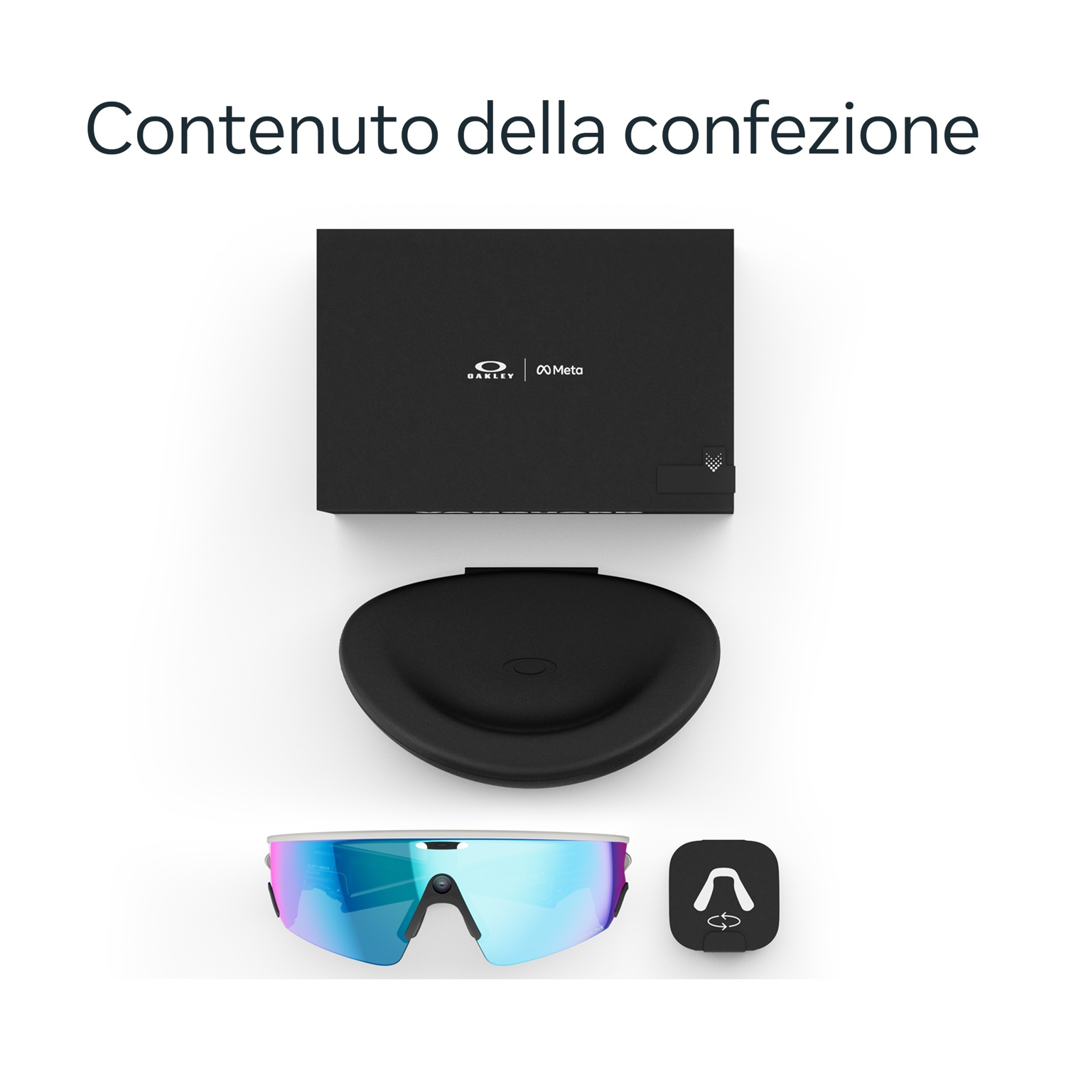 L'immagine mostra una scatola nera, un astuccio nero, occhiali da sole e una base di ricarica nera, tutto su sfondo bianco.