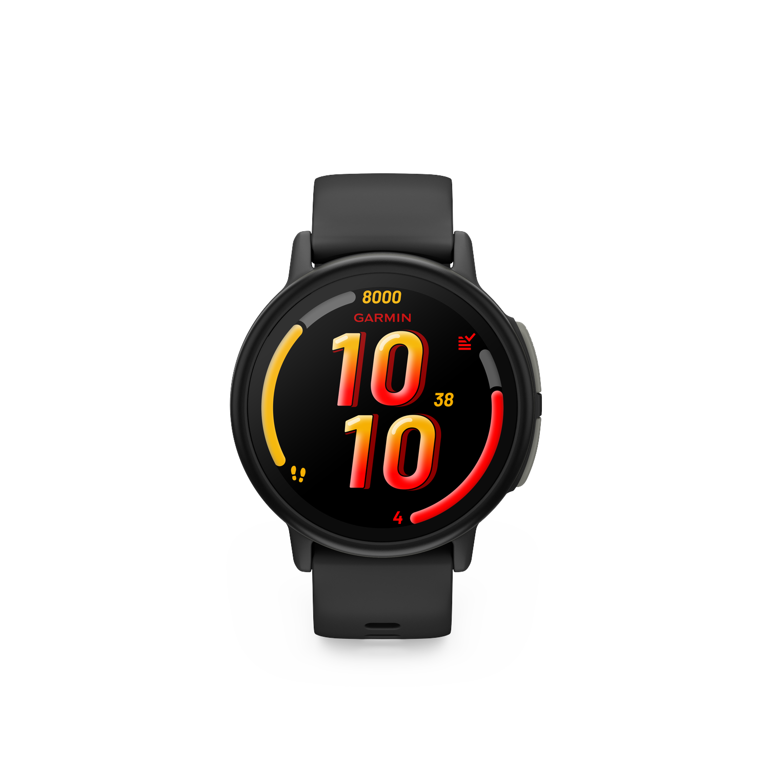 Montre intelligente Garmin noire avec écran rond affichant '10 10' en rouge. La montre a un bracelet noir et est sur fond blanc.