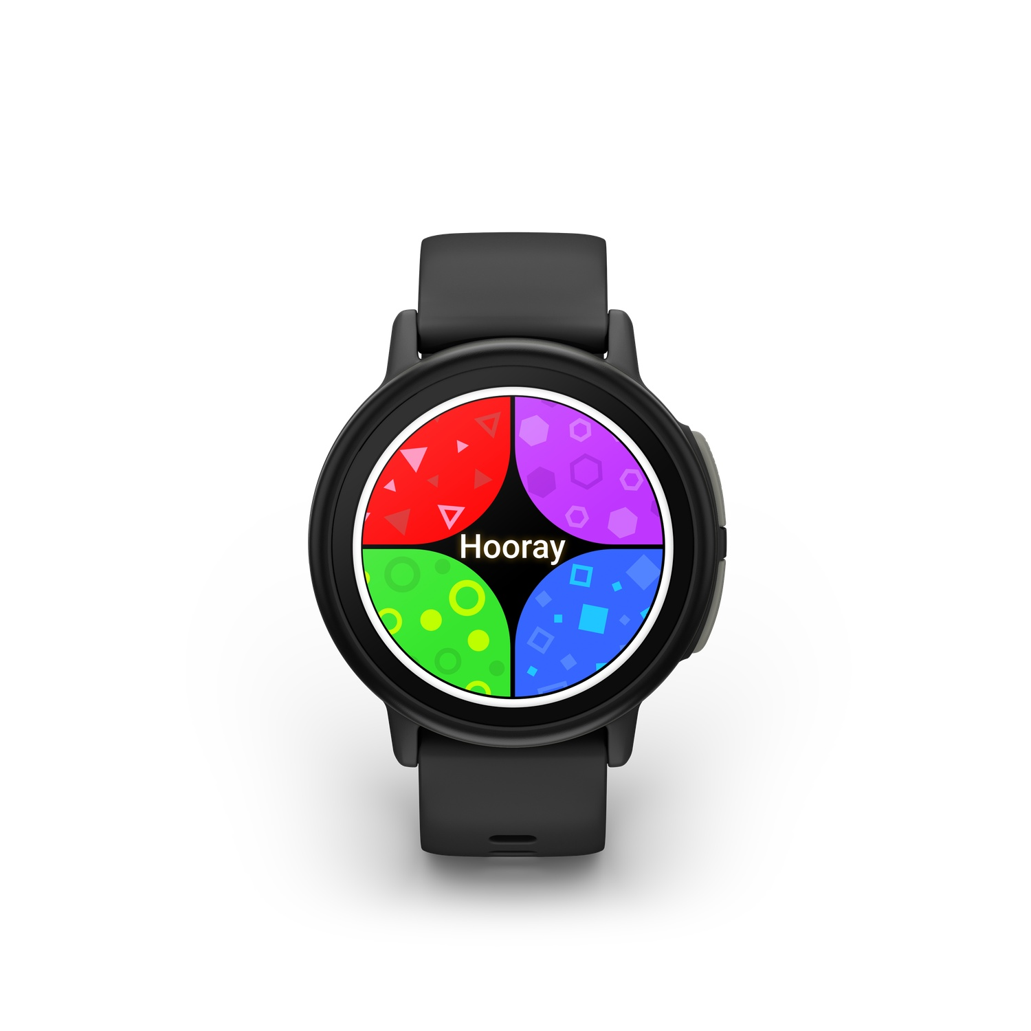 Une montre connectée noire affiche un écran coloré avec le mot « Hooray ». L'écran est divisé en quatre sections de couleurs différentes.