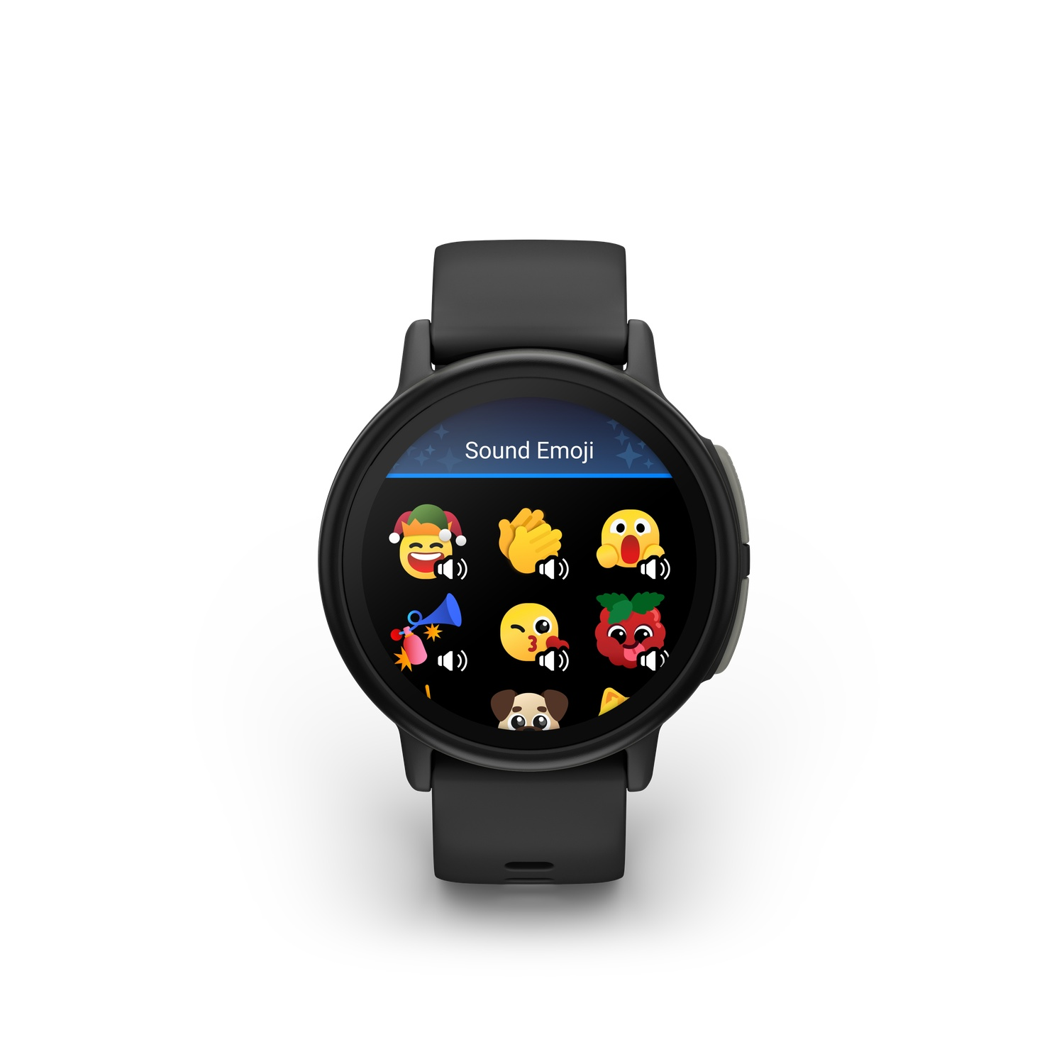 Une montre connectée noire affiche plusieurs icônes d'emoji sonores. L'écran affiche le titre 'Emoji sonore' et divers emojis animés.