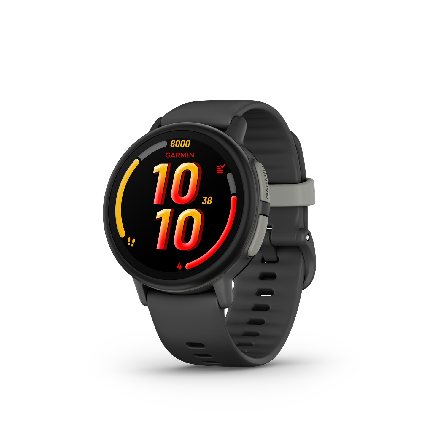 Une smartwatch Garmin avec un bracelet noir est affichée sur fond blanc. Le cadran affiche des chiffres et des données en rouge et jaune.