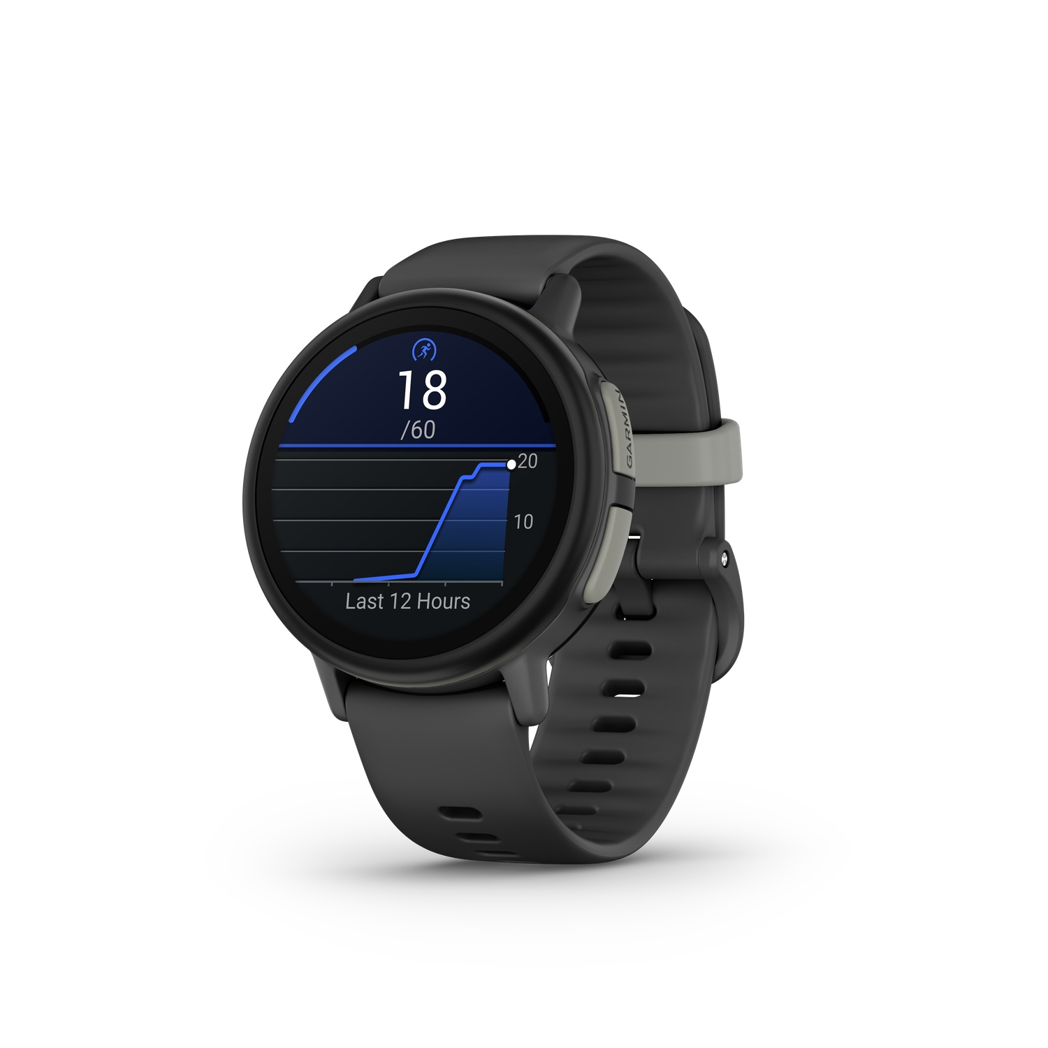 Une montre connectée noire avec un affichage numérique affichant des statistiques. L'écran affiche un graphique et le nombre 18/60. La montre a un bracelet gris.