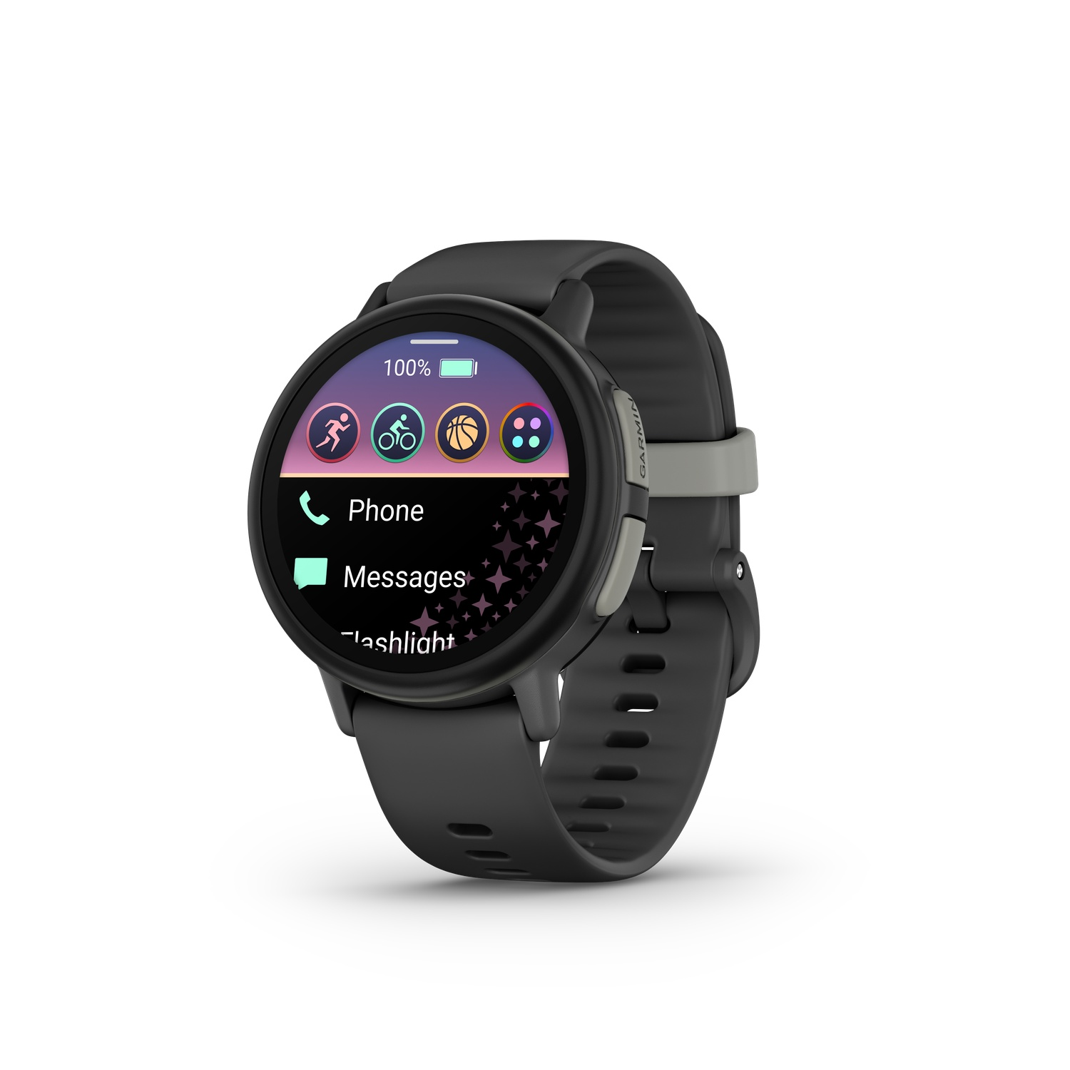 Une smartwatch Garmin noire avec un cadran rond. L'écran affiche des icônes pour la course, le cyclisme, le basket-ball et d'autres applications.