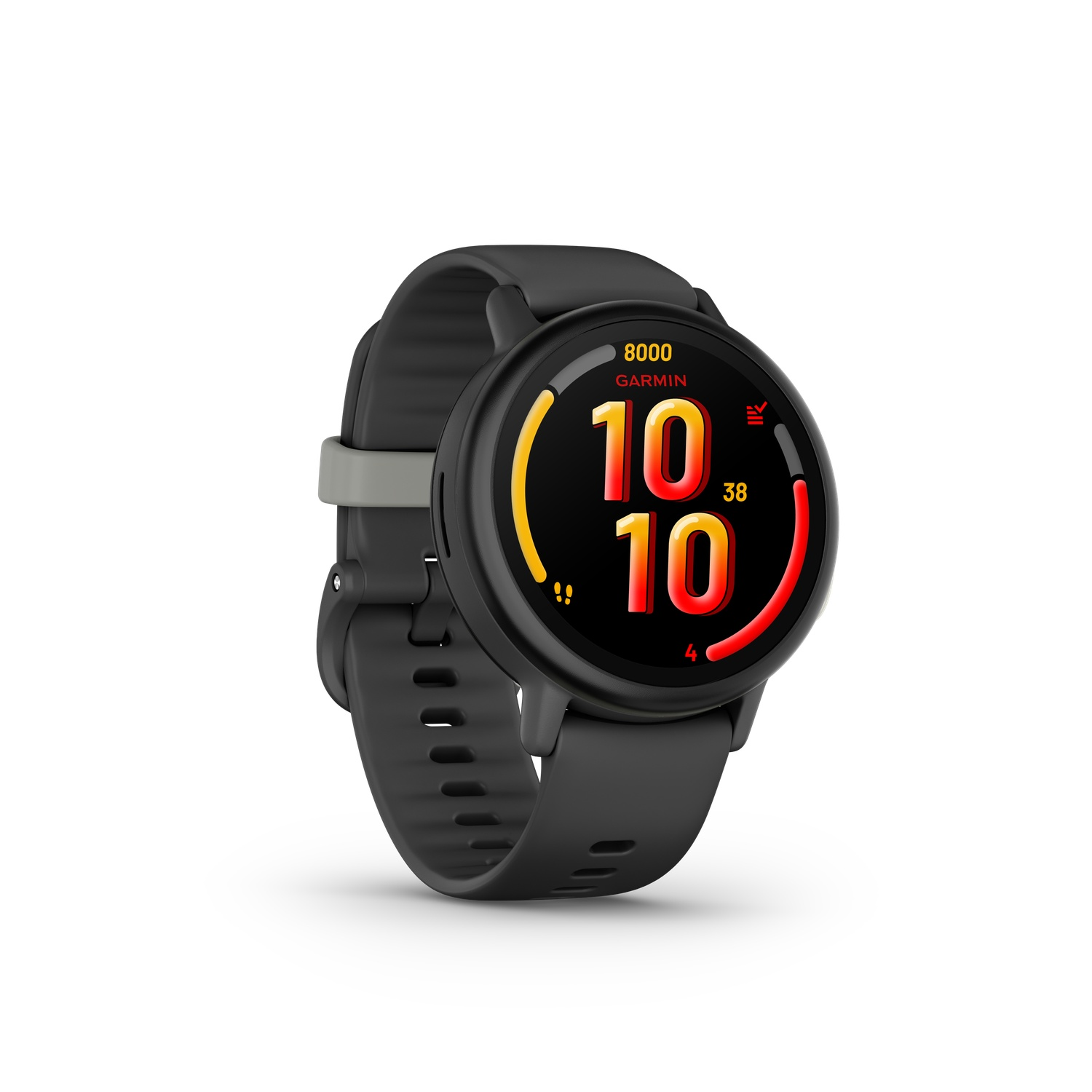 Une montre intelligente Garmin noire affiche l'heure et les statistiques. L'écran affiche '10' et '10' en rouge, avec d'autres données en jaune et rouge.