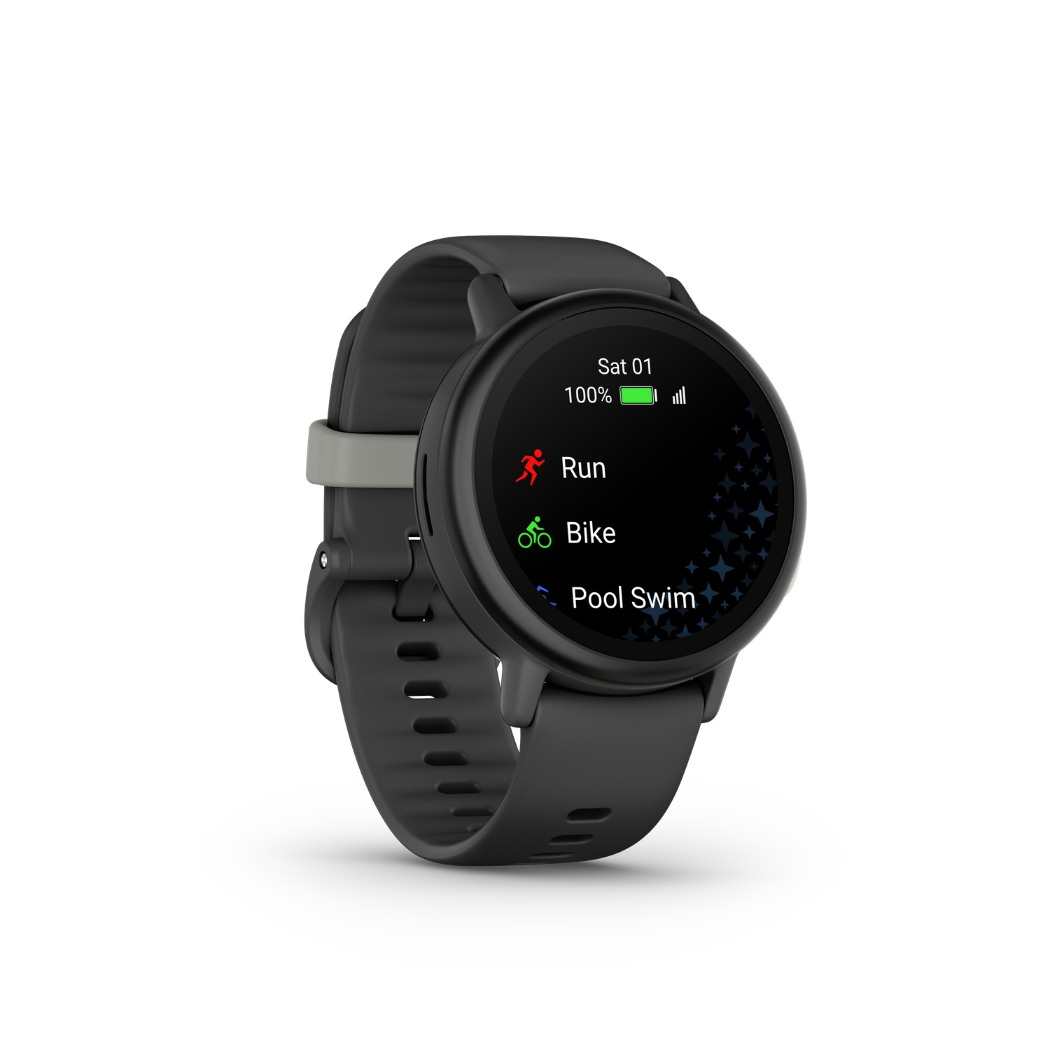 Une smartwatch noire affiche les options 'Course', 'Vélo' et 'Natation en piscine'. La montre a un support de bracelet gris et affiche le pourcentage de batterie.