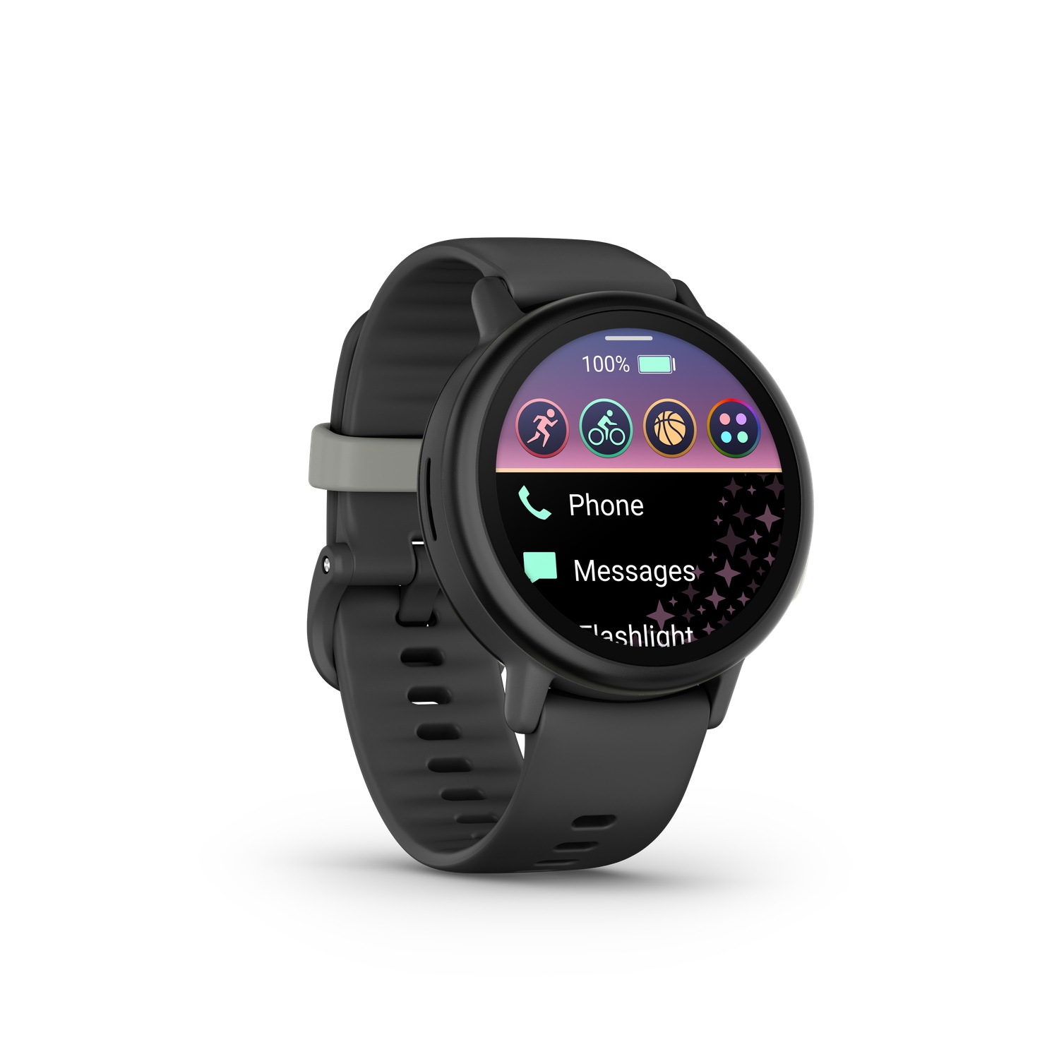 Une smartwatch noire avec un cadran rond, affichant des icônes pour le téléphone, les messages et les activités sportives. Le bracelet est également noir.