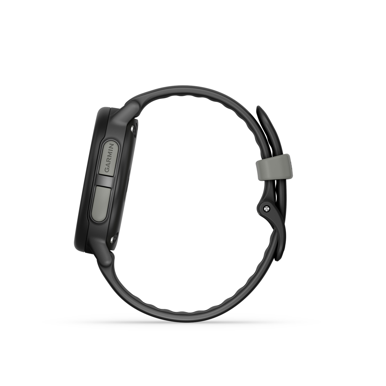Une smartwatch Garmin noire, vue de côté, sur fond blanc. Comporte un support de bracelet gris.