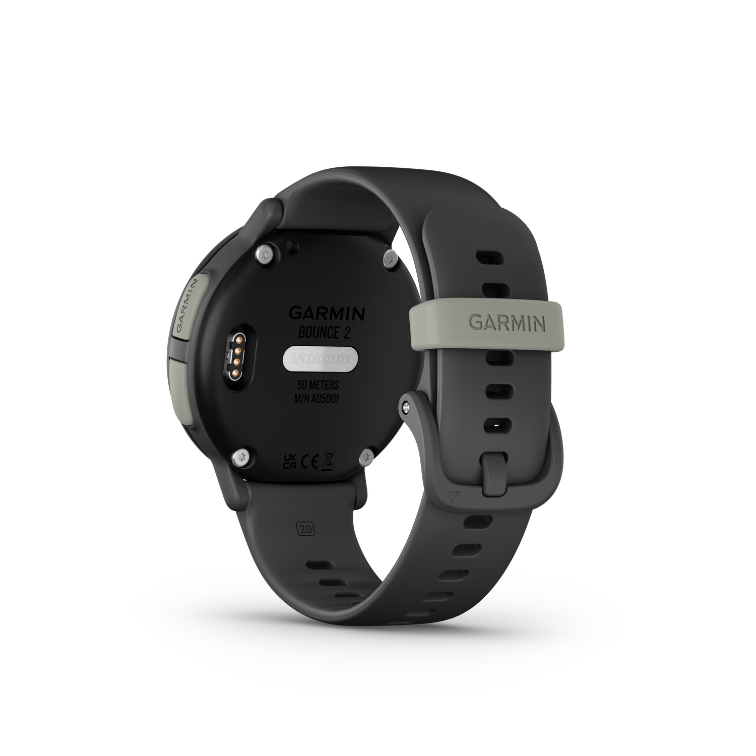 Une montre intelligente Garmin Bounce 2 noire est montrée de dos. Elle a un bracelet noir et une boucle grise. La montre affiche le logo Garmin.