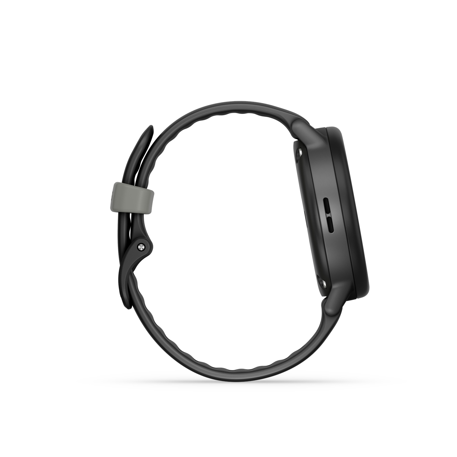 Montre connectée noire avec cadran circulaire et bracelet noir. Le bracelet a un fermoir gris. La montre est sur fond blanc.