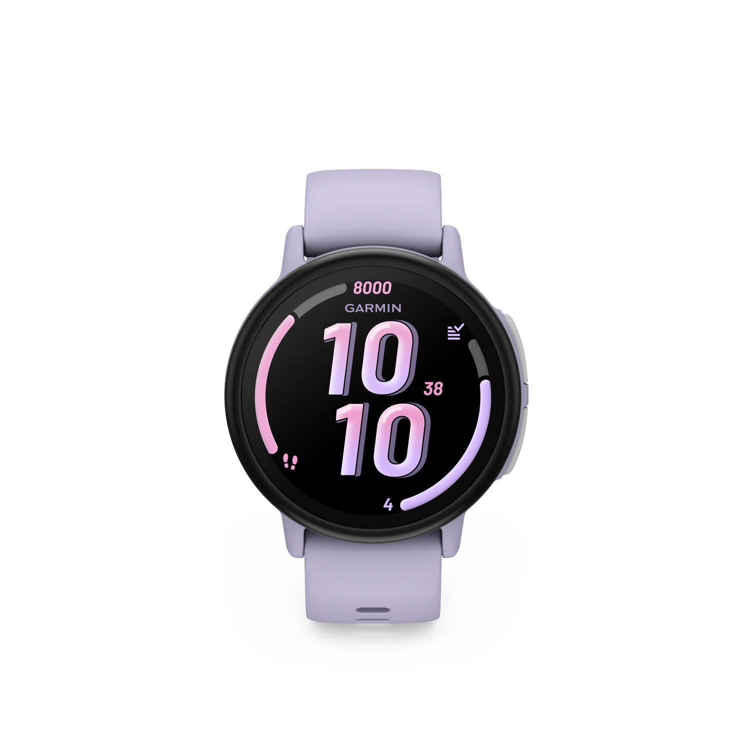 Een lila Garmin smartwatch toont '10:10' op het scherm. Het horloge heeft een zwarte rand en lila bandjes, tegen een witte achtergrond.