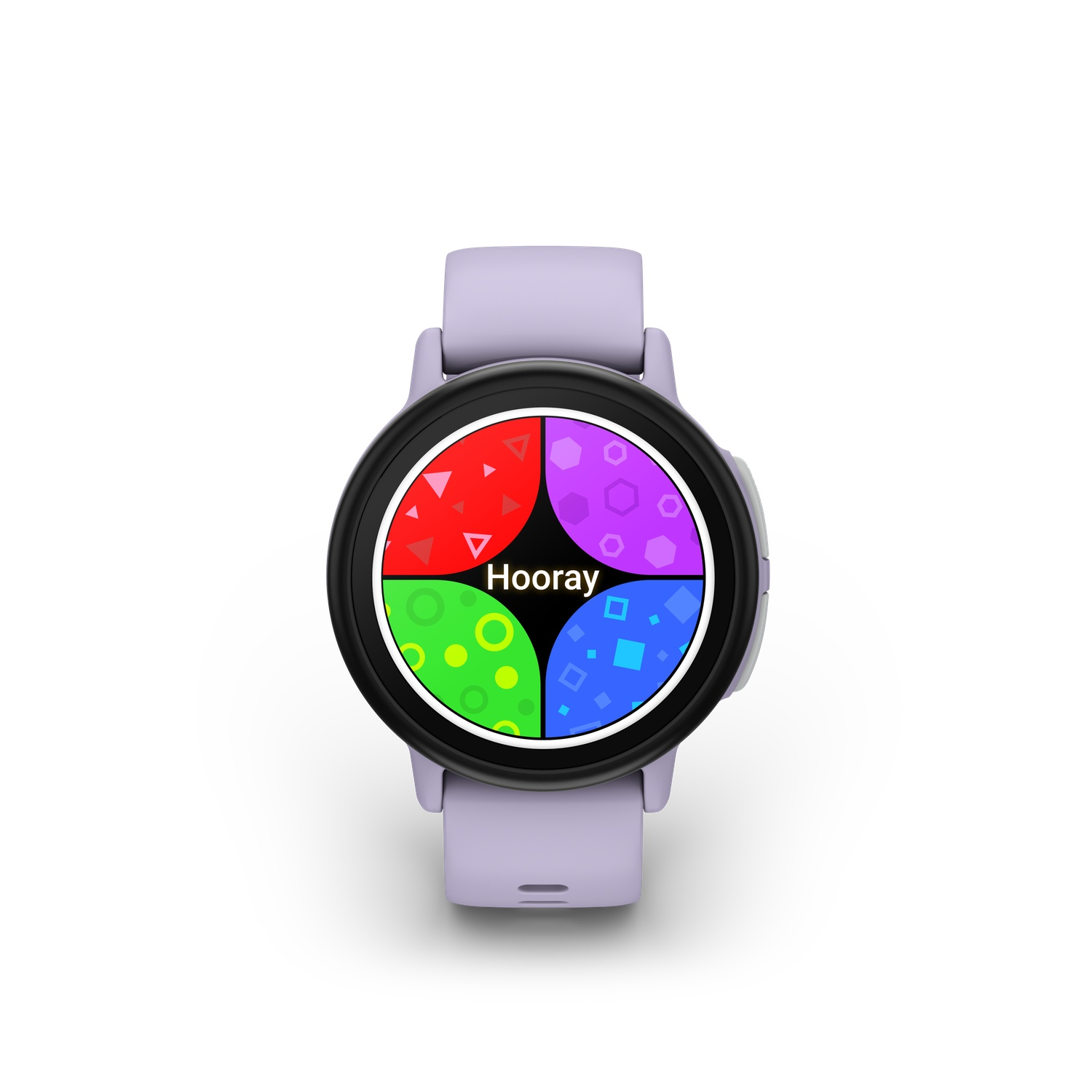 Een smartwatch met een kleurrijk display, met rode, groene, paarse en blauwe secties, met het woord 'Hooray' in het midden.
