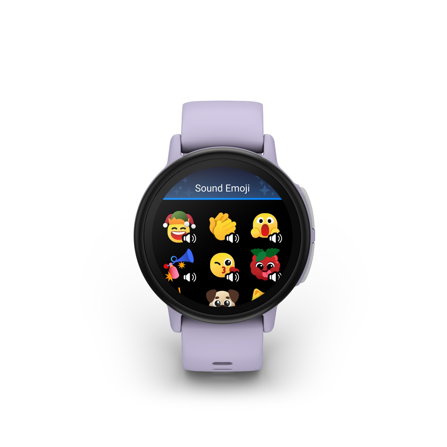 Een smartwatch met een rond scherm toont geluidsemojis. Het horloge is lichtpaars met een zwart scherm op een witte achtergrond.