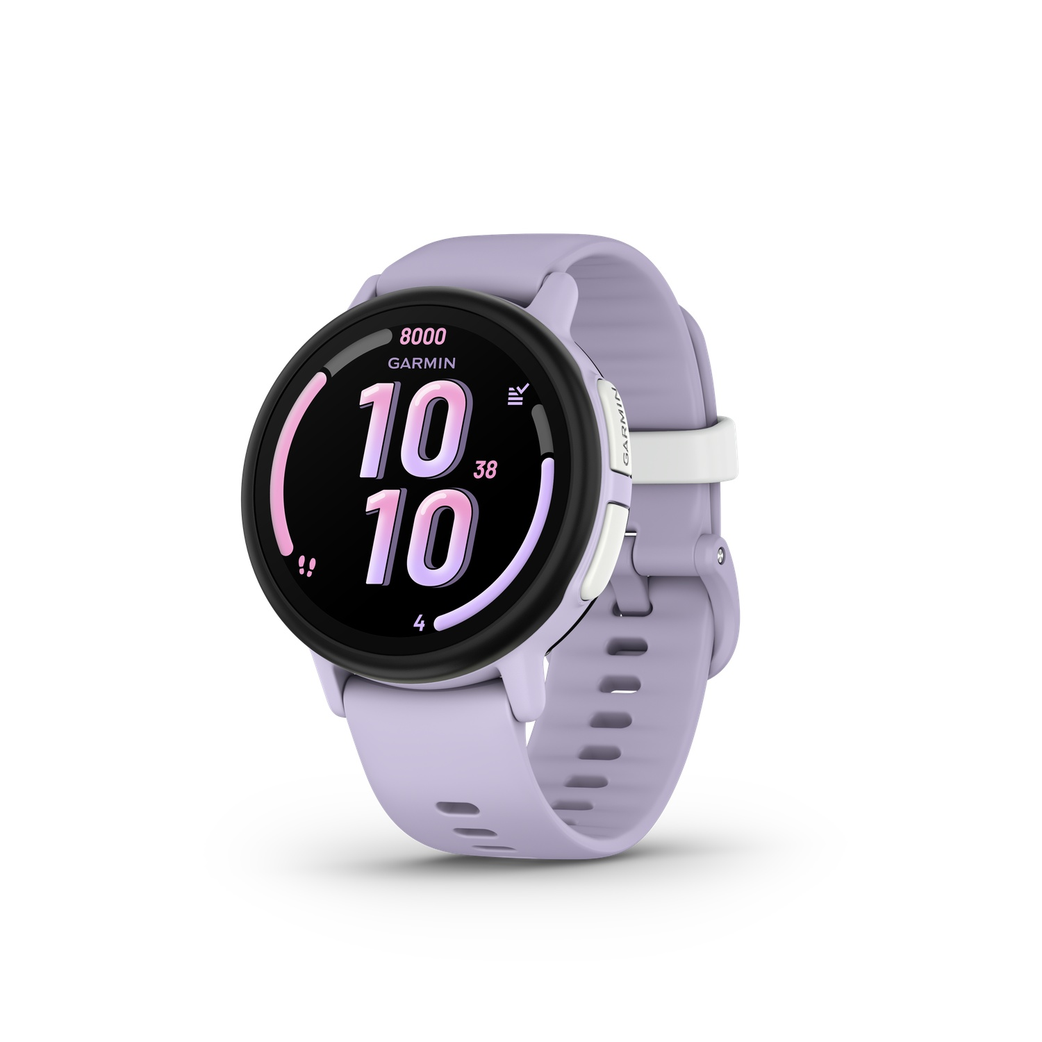 Een lavendelkleurige Garmin smartwatch met een zwart scherm dat tijd en activiteitstatistieken weergeeft. Het horloge heeft een witte sluiting en een lavendelkleurige band.
