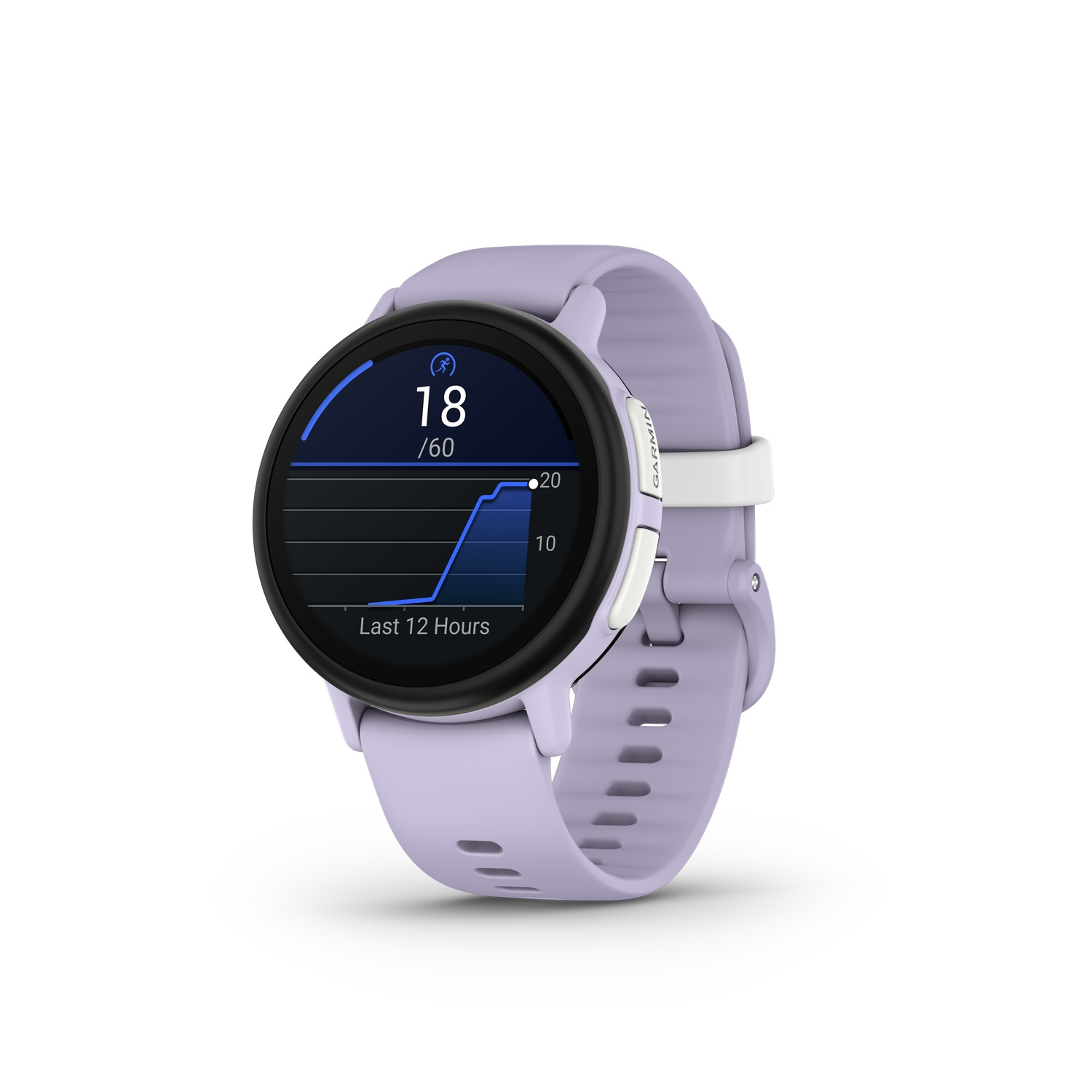 Een lila smartwatch geeft gegevens weer. Het scherm toont een grafiek van de activiteit over de laatste 12 uur, met een huidige waarde van 18/60.