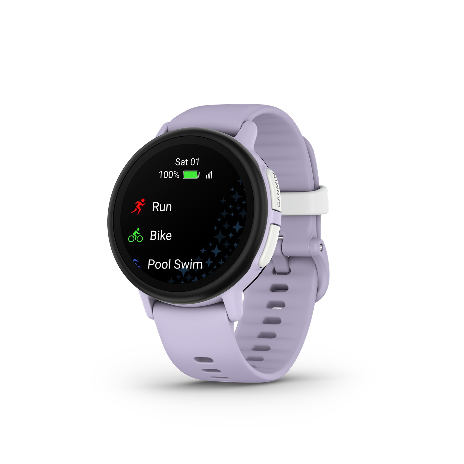Een lichtpaarse smartwatch met een zwart scherm met trainingsopties: Hardlopen, Fietsen en Zwemmen. Het horloge toont de datum en de batterij.
