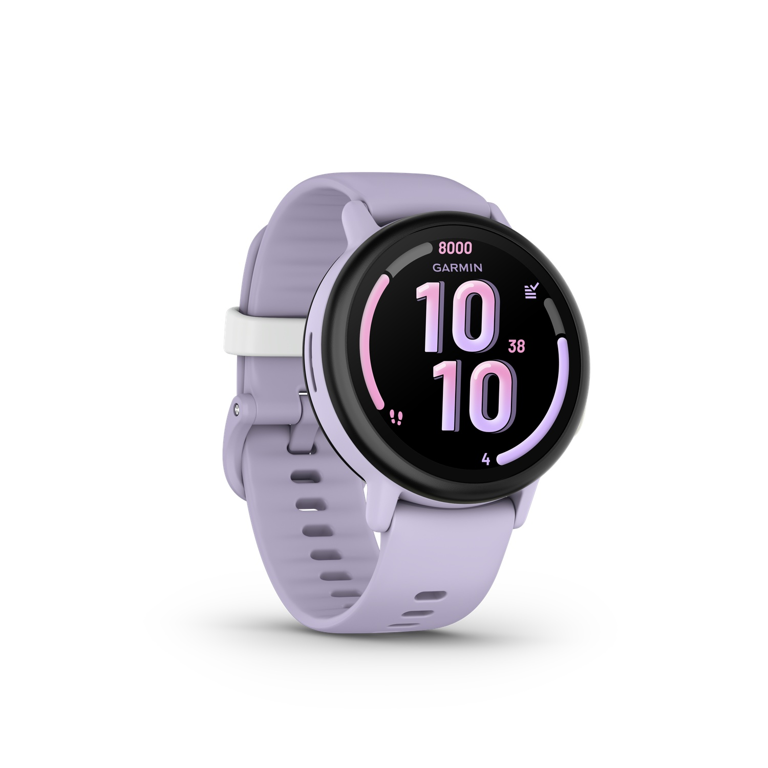 Een lila Garmin smartwatch toont de tijd 10:10. Het horloge heeft een zwart scherm met witte en roze accenten.