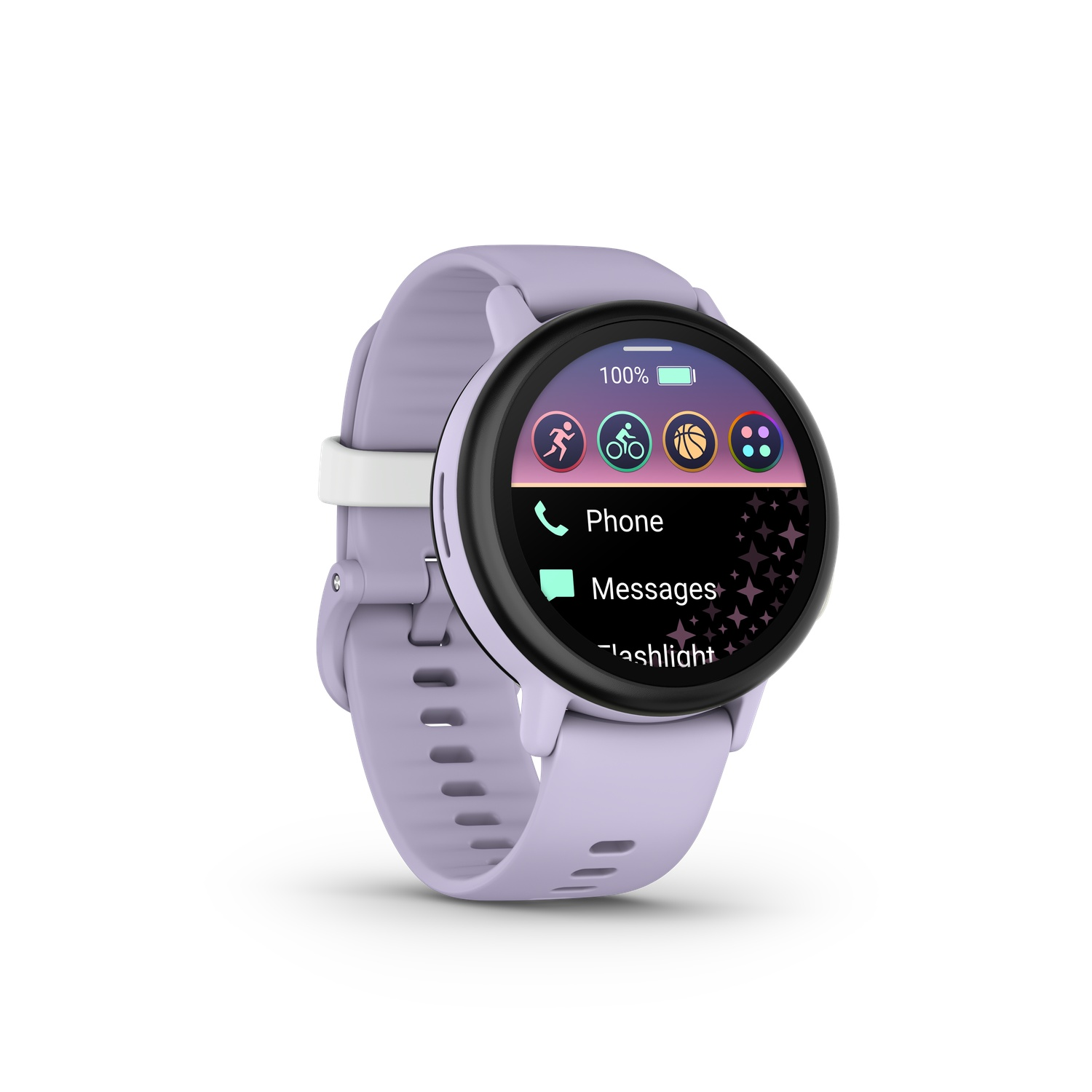 Een lila smartwatch met een zwart scherm met app-pictogrammen. Het heeft een bijpassende lila band en een witte sluiting.