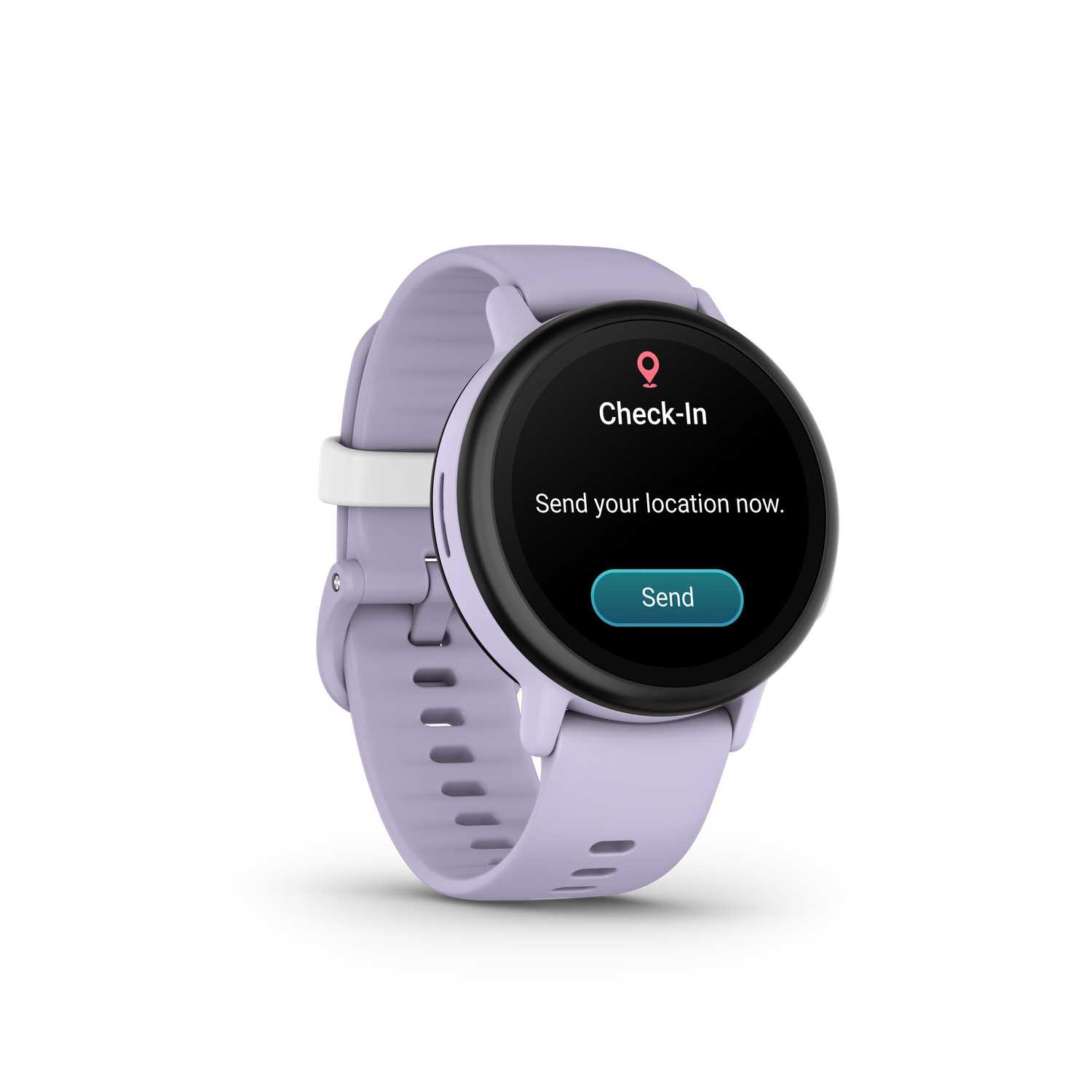Een lavendelkleurige smartwatch toont een 'Check-In'-prompt met een locatiepin. Het vraagt om nu de locatie te verzenden, met een 'Verzenden'-knop.