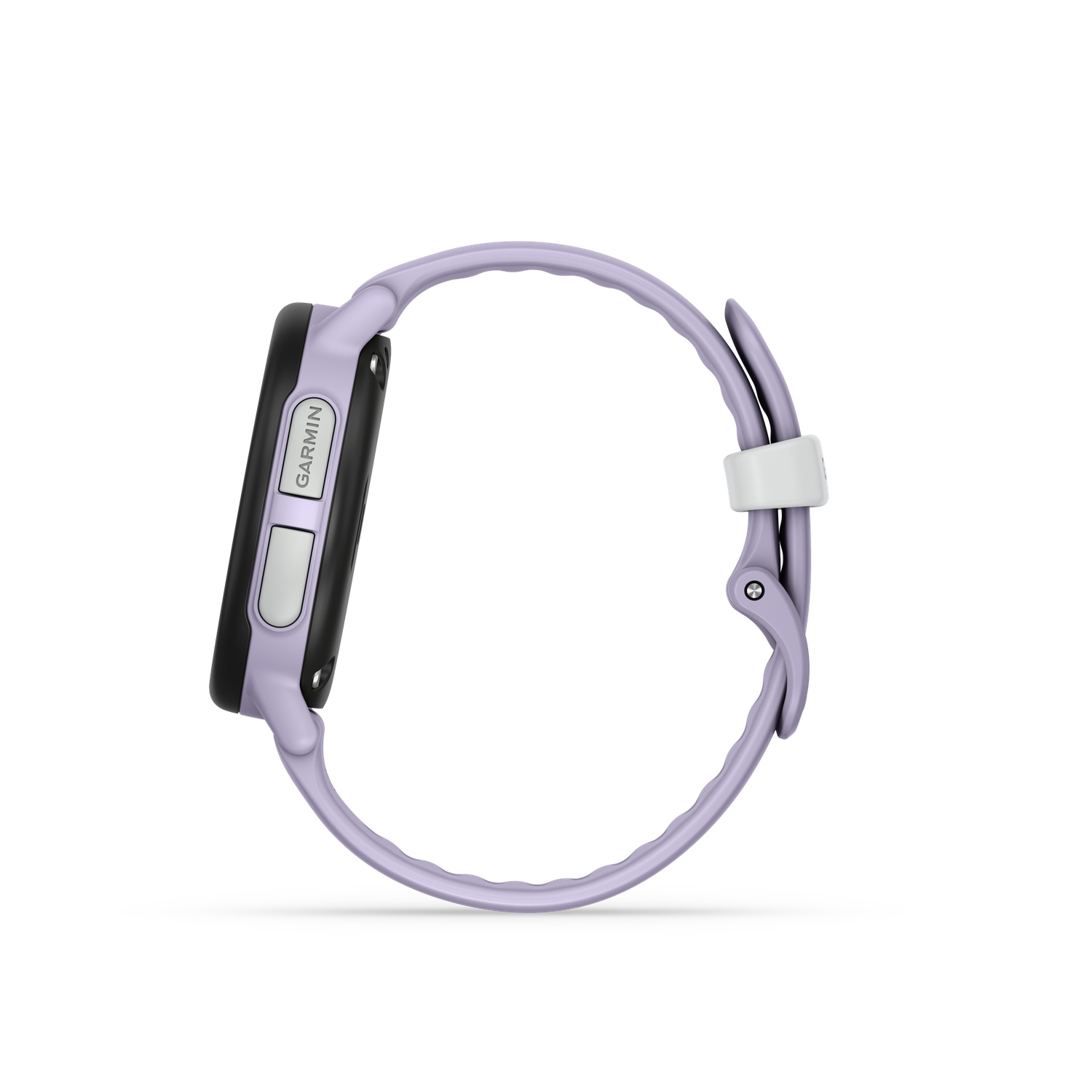 Een lila Garmin smartwatch wordt getoond. Het horloge staat op een witte achtergrond. Het horloge heeft een zwarte wijzerplaat met een wit Garmin-logo.