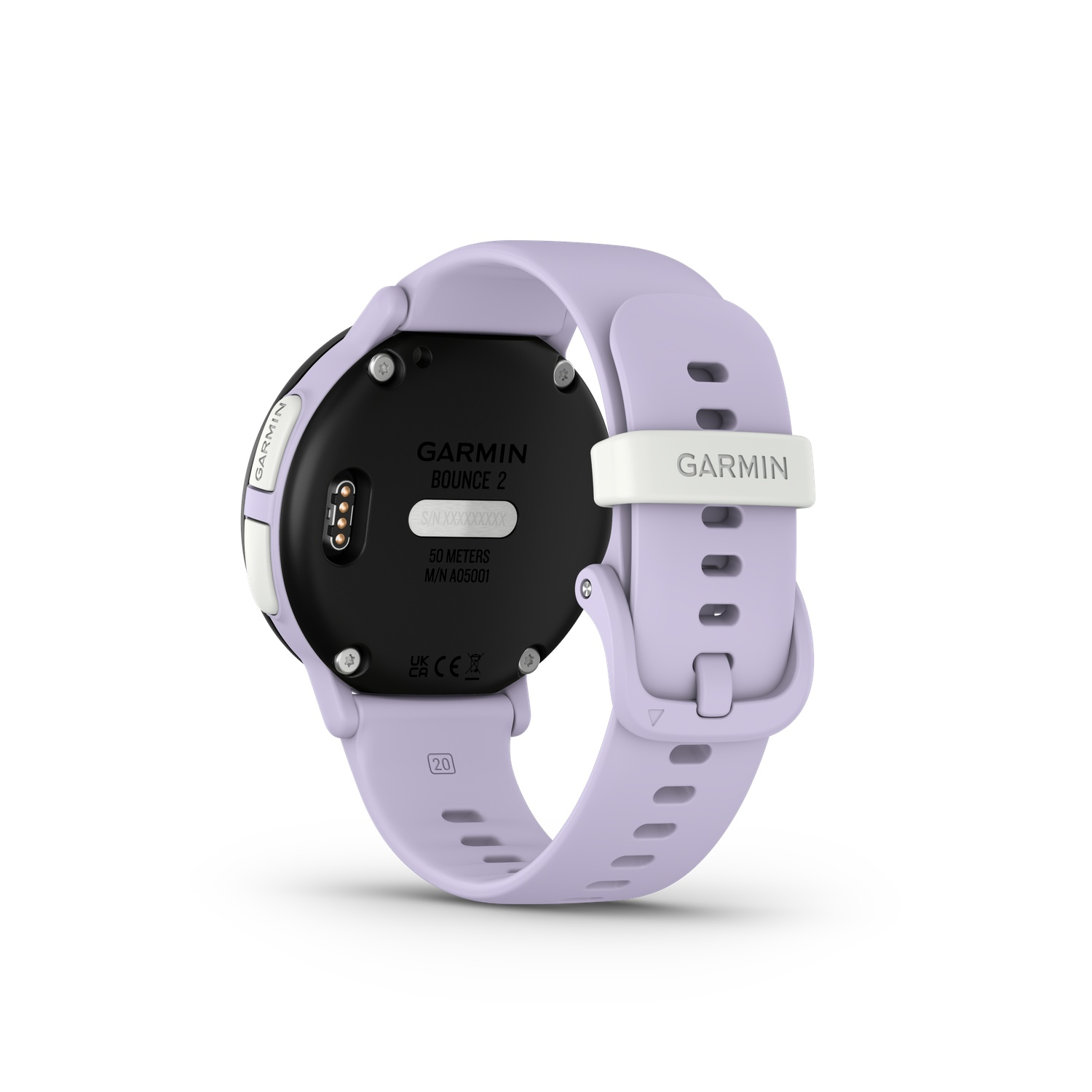 Een Garmin Bounce 2 smartwatch, lila band, zwarte wijzerplaat, witte gesp. Het horloge staat schuin en toont de achterkant.