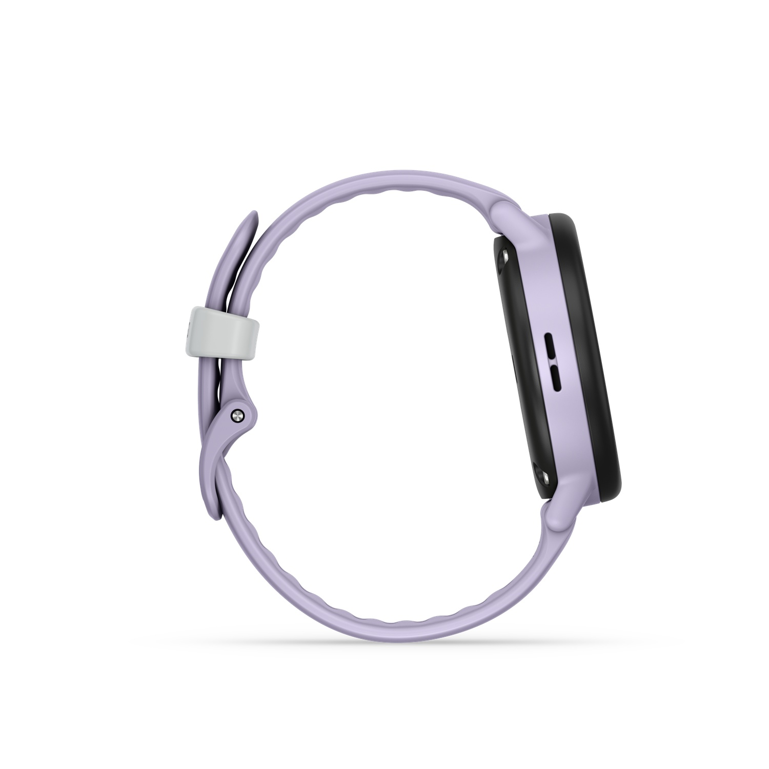 Een lichtpaarse smartwatch met een zwart scherm. De band en de behuizing zijn gebogen op een witte achtergrond. De band heeft een grijze gesp.