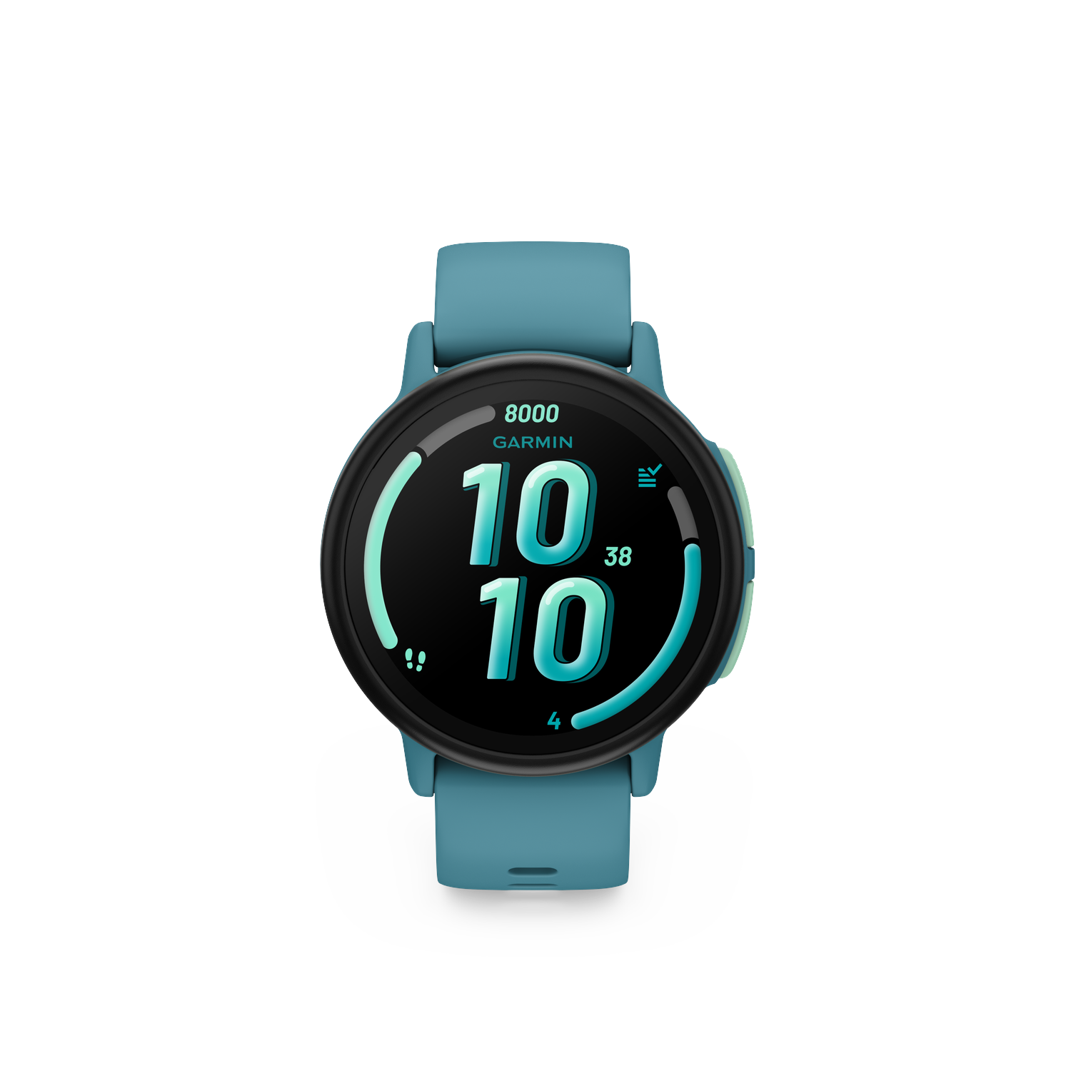 Een turquoise Garmin smartwatch met '10 10' op het scherm. Het horloge heeft een zwarte rand en turquoise bandjes, op een witte achtergrond.