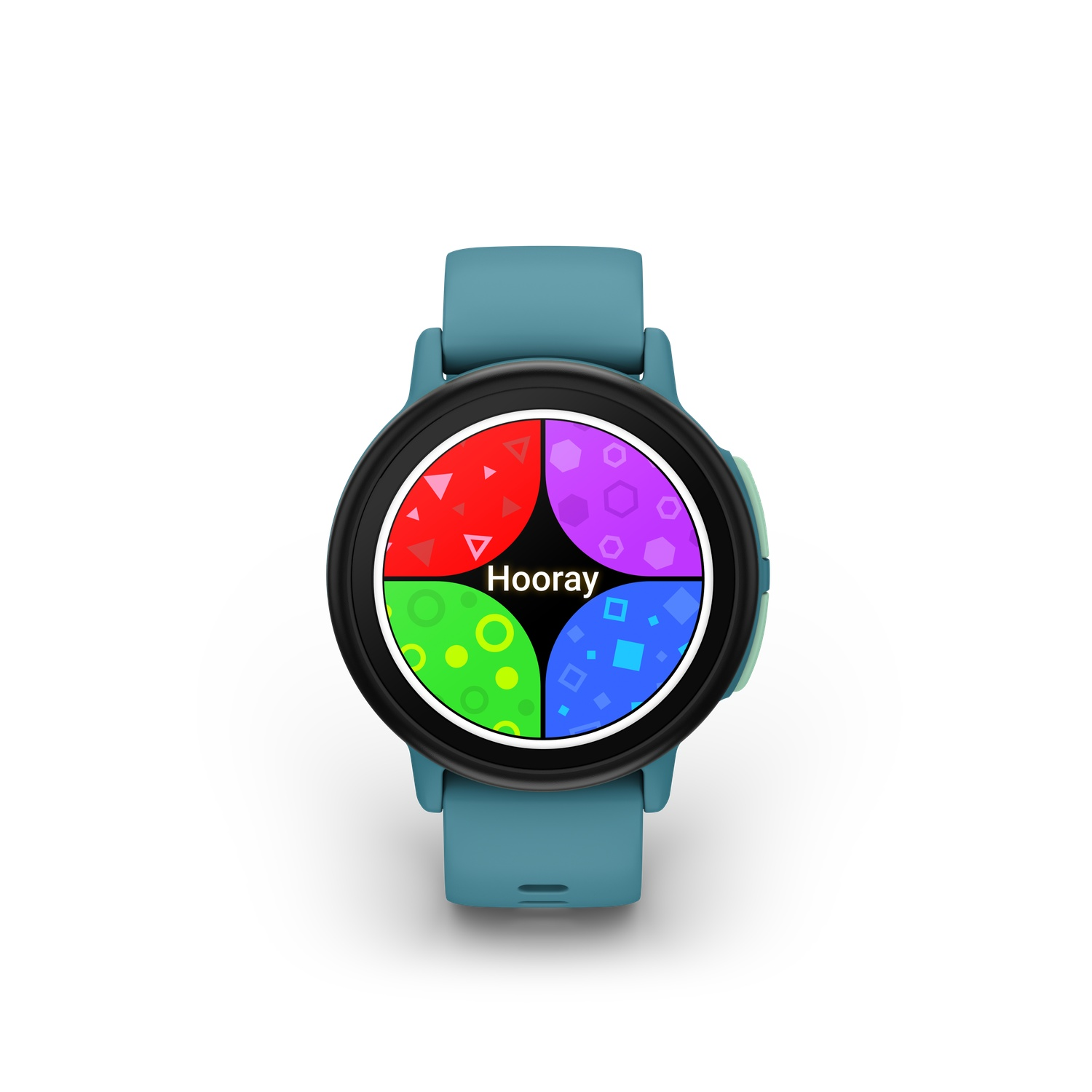 Een smartwatch met een teal bandje en een zwart scherm met kleurrijke kwadranten en het woord 'Hooray'.