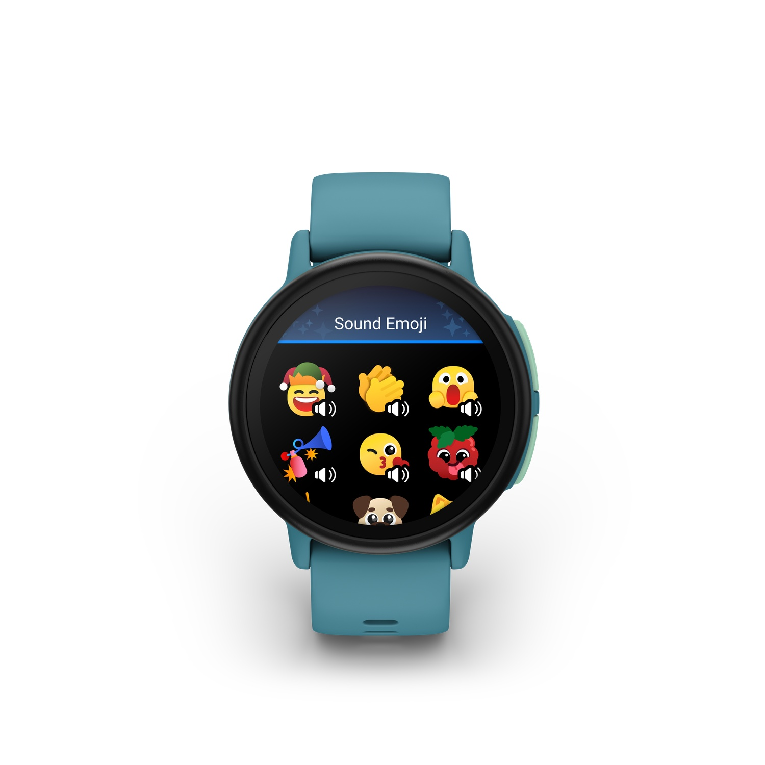 Een turquoise smartwatch toont geluids-emoji-pictogrammen. Het horloge heeft een zwarte rand en een turquoise band. De achtergrond is wit.