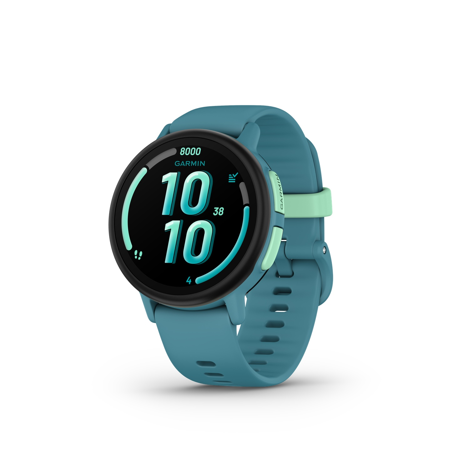 Een turquoise Garmin smartwatch die de tijd weergeeft. Het horloge heeft een zwarte rand, een turquoise band en mintgroene accenten.