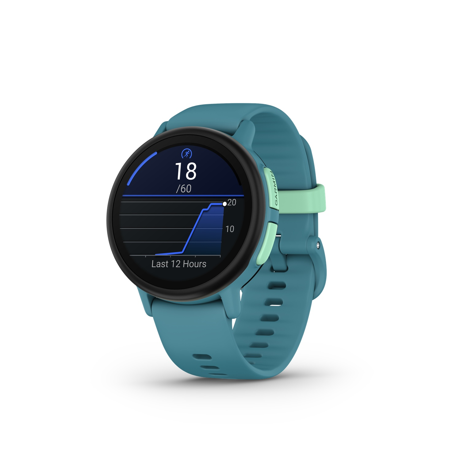 Een turquoise smartwatch toont gegevens op een zwart scherm. Het horloge toont een grafiek en cijfers, met turquoise en mintgroene accenten op de band.
