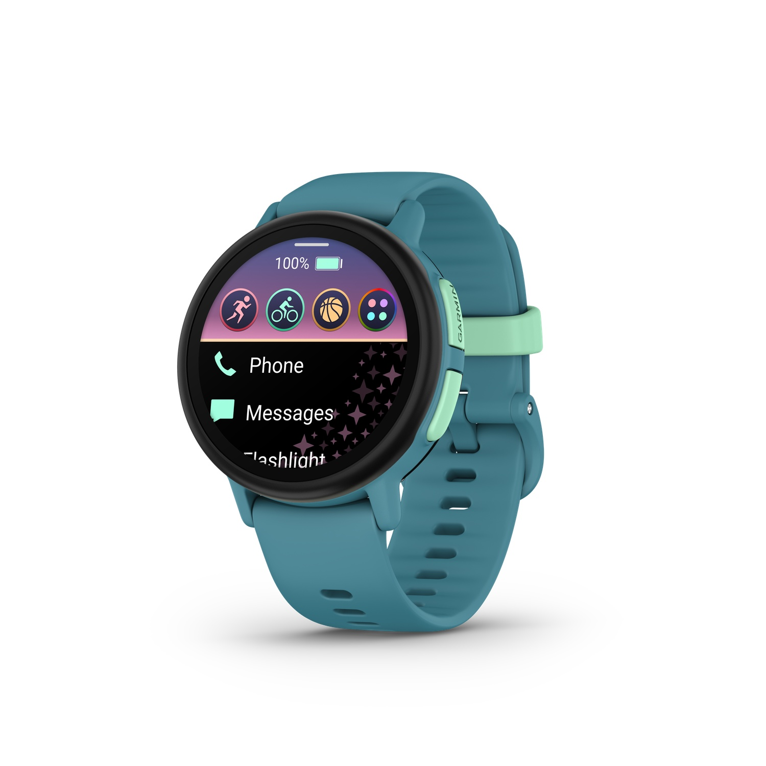Een turquoise smartwatch met een zwart scherm toont app-pictogrammen. Het heeft een turquoise bandje met een lichtgroene accent. Het scherm toont 'Telefoon' en 'Berichten'.