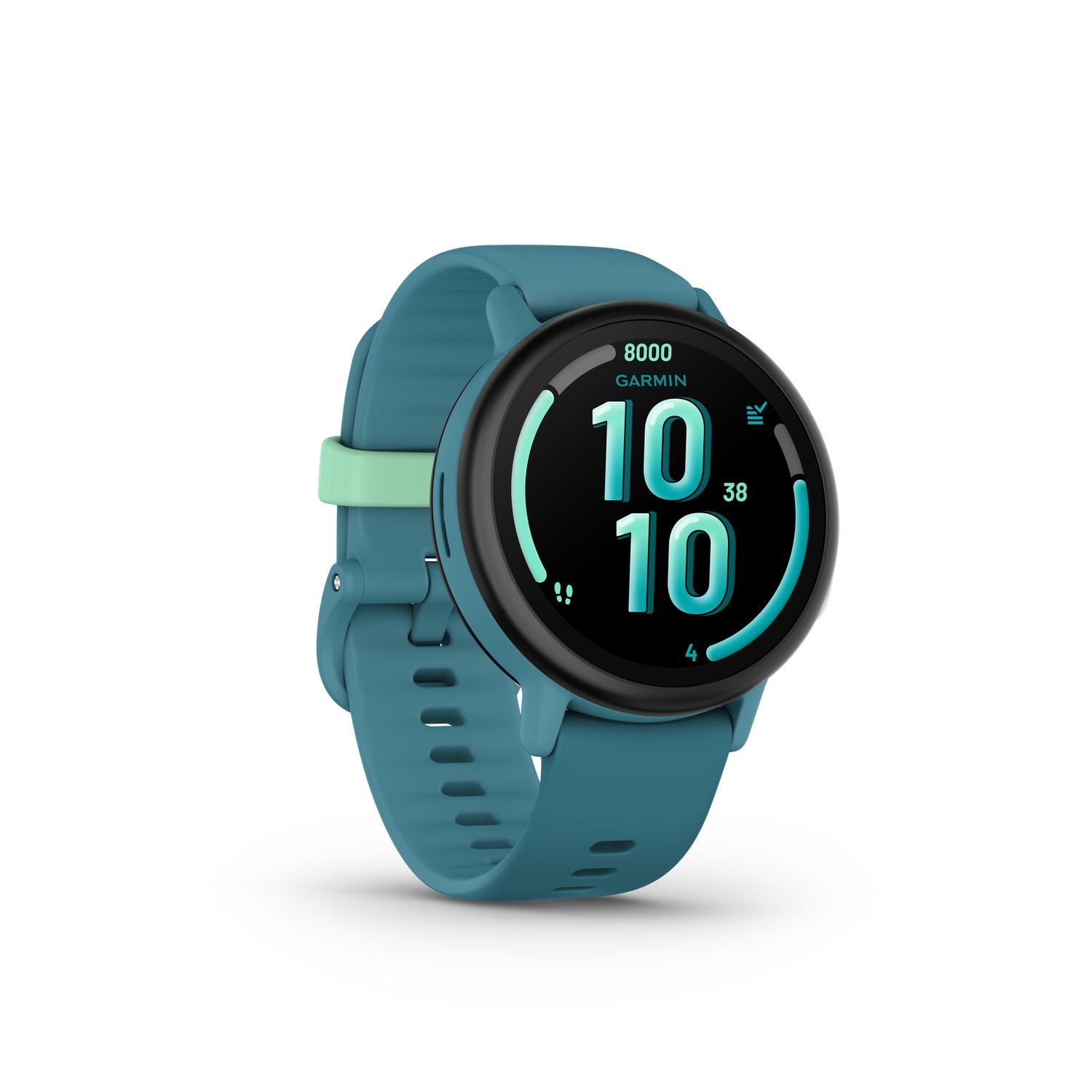 Een turquoise Garmin smartwatch toont 10:10 en 38. Het horloge heeft een groene band en een zwart scherm. Het horloge staat op een witte achtergrond.