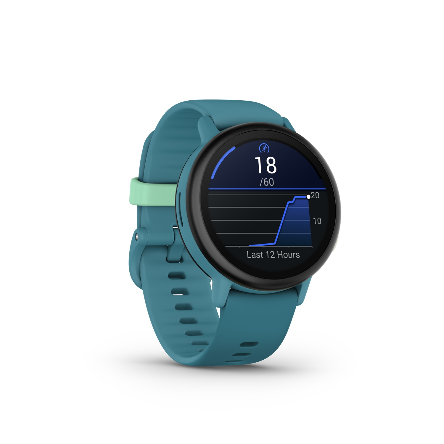 Een turquoise smartwatch met gegevens. Het scherm toont '18/60' en een grafiek van de laatste 12 uur. De band heeft een lichtgroen accent.