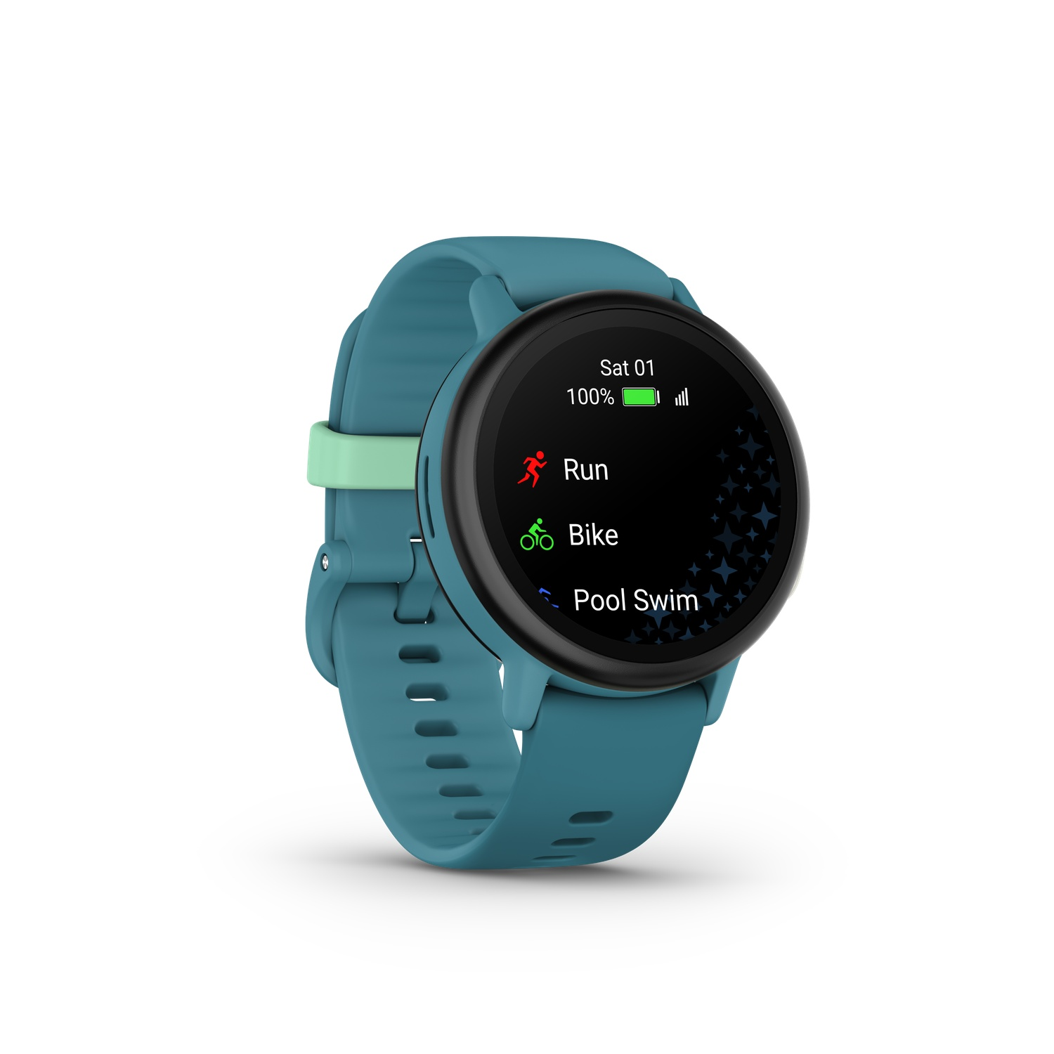 Een turquoise smartwatch toont de opties 'Hardlopen', 'Fietsen' en 'Zwembad zwemmen'. Het heeft een groene bandhouder en een batterij-icoon van 100%.