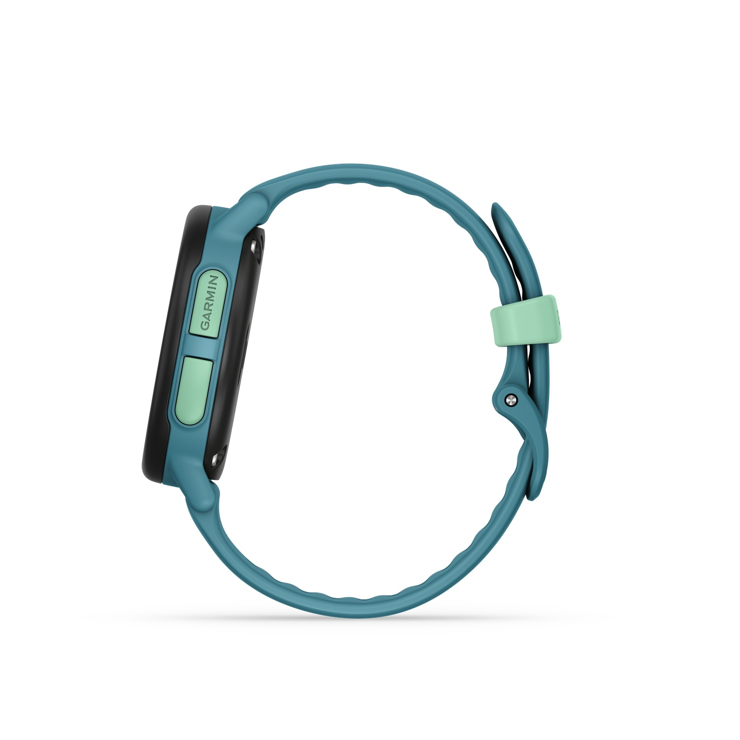 Een teal Garmin smartwatch. Het heeft een zwart en groen display. De band is teal met een lichtgroene sluiting.