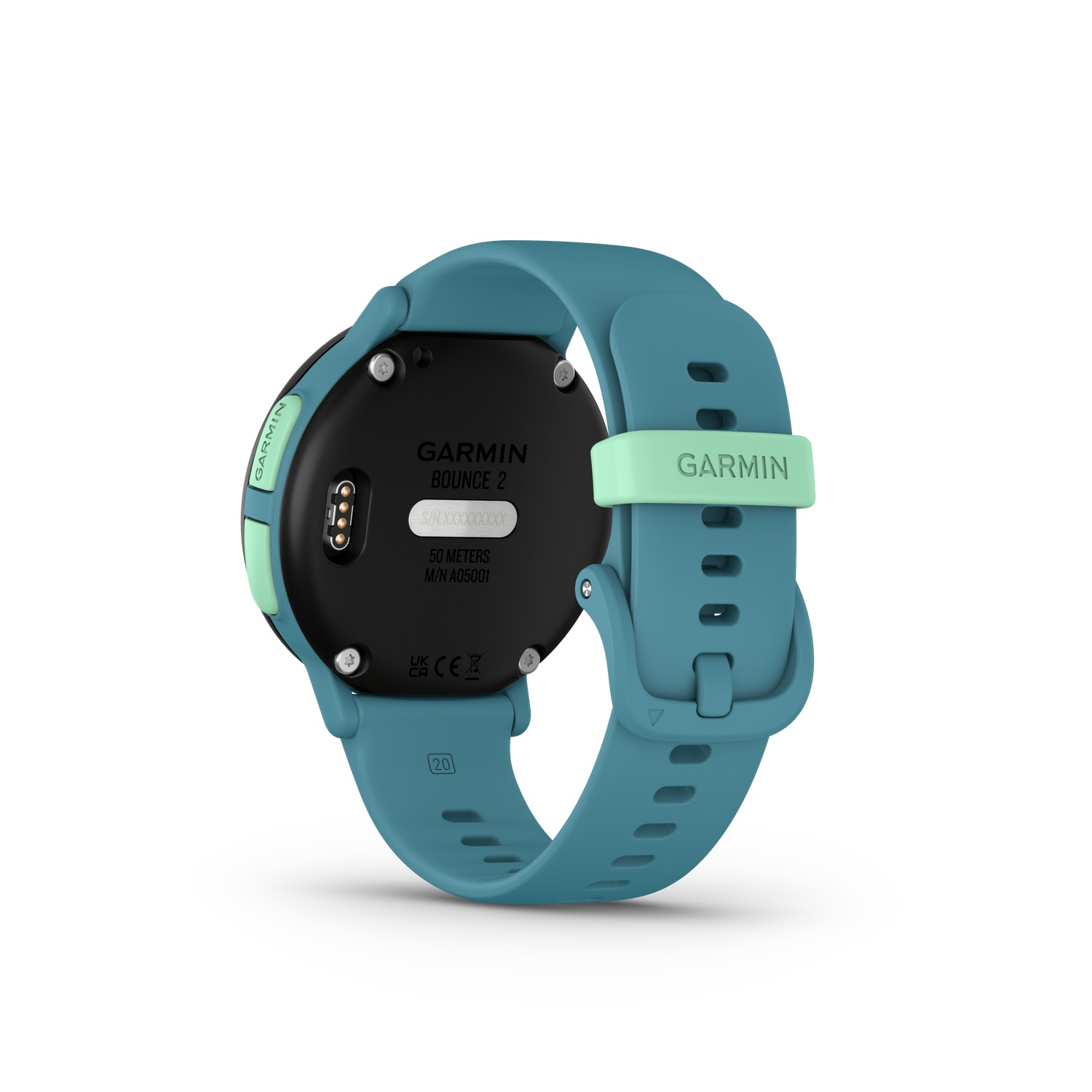 Een teal Garmin Bounce 2 smartwatch wordt weergegeven met de band losgemaakt. De wijzerplaat is zwart met tekst en de band is mintgroen.