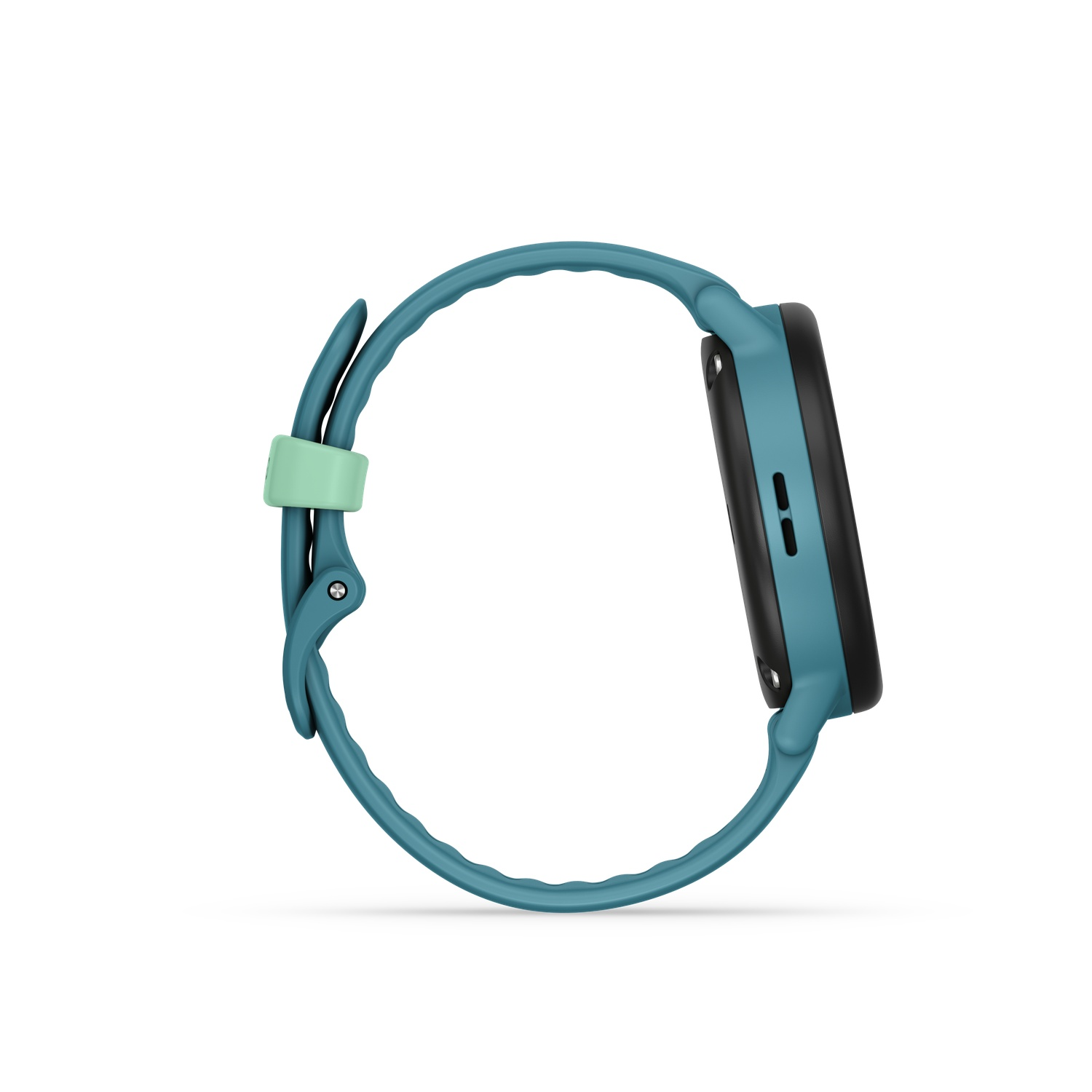 Een turquoise smartwatch met een zwart scherm en een lichtgroene bandhouder, op een witte achtergrond. De band is turquoise.