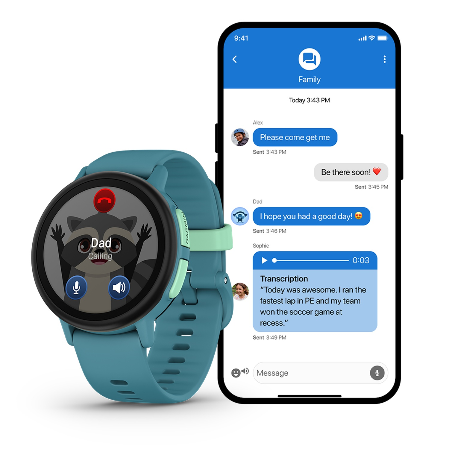 Een turquoise smartwatch belt 'Papa' en toont een wasbeer. Een telefoon toont een familiechat met berichten en een transcriptie van spraak.