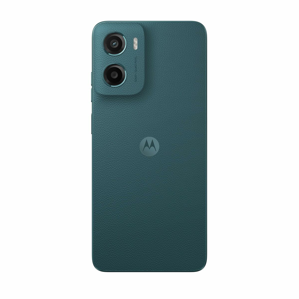 Un teléfono inteligente Motorola de color verde azulado. Tiene un módulo de cámara con dos lentes, botones laterales y el logotipo de Motorola en la parte trasera.