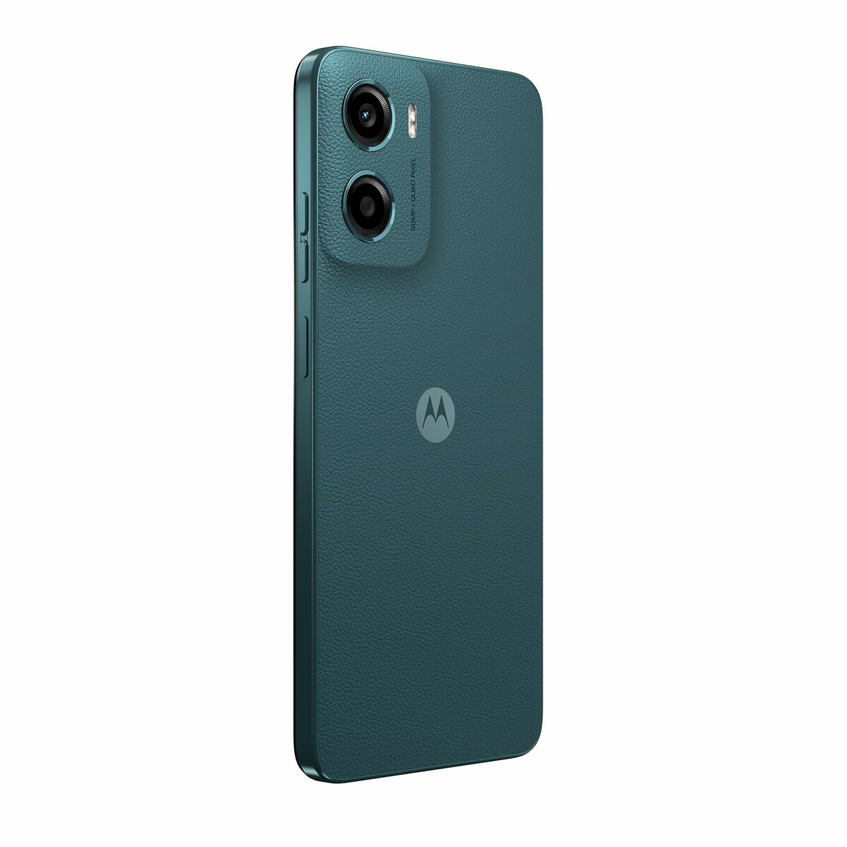 Un teléfono inteligente Motorola de color verde azulado. Se ven dos cámaras. La parte trasera tiene una apariencia texturizada con el logotipo de Motorola.