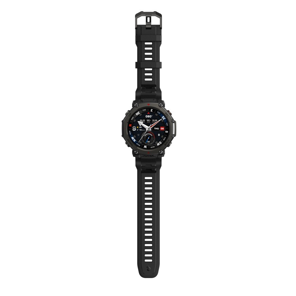 Un reloj inteligente negro con pantalla digital, correa negra y hebilla, sobre fondo blanco. Se aprecian detalles.